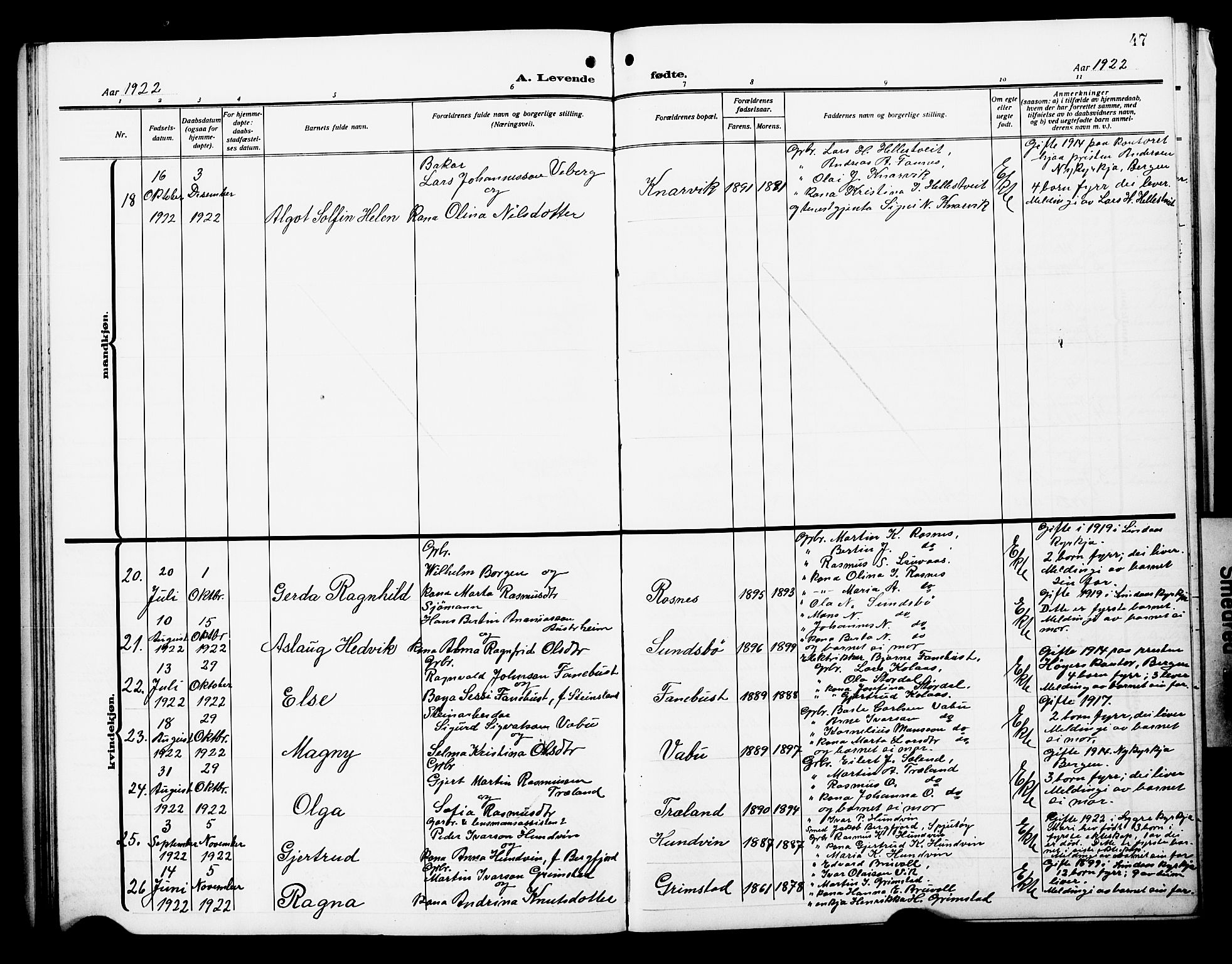 Lindås Sokneprestembete, SAB/A-76701/H/Hab: Parish register (copy) no. B 4, 1912-1929, p. 47