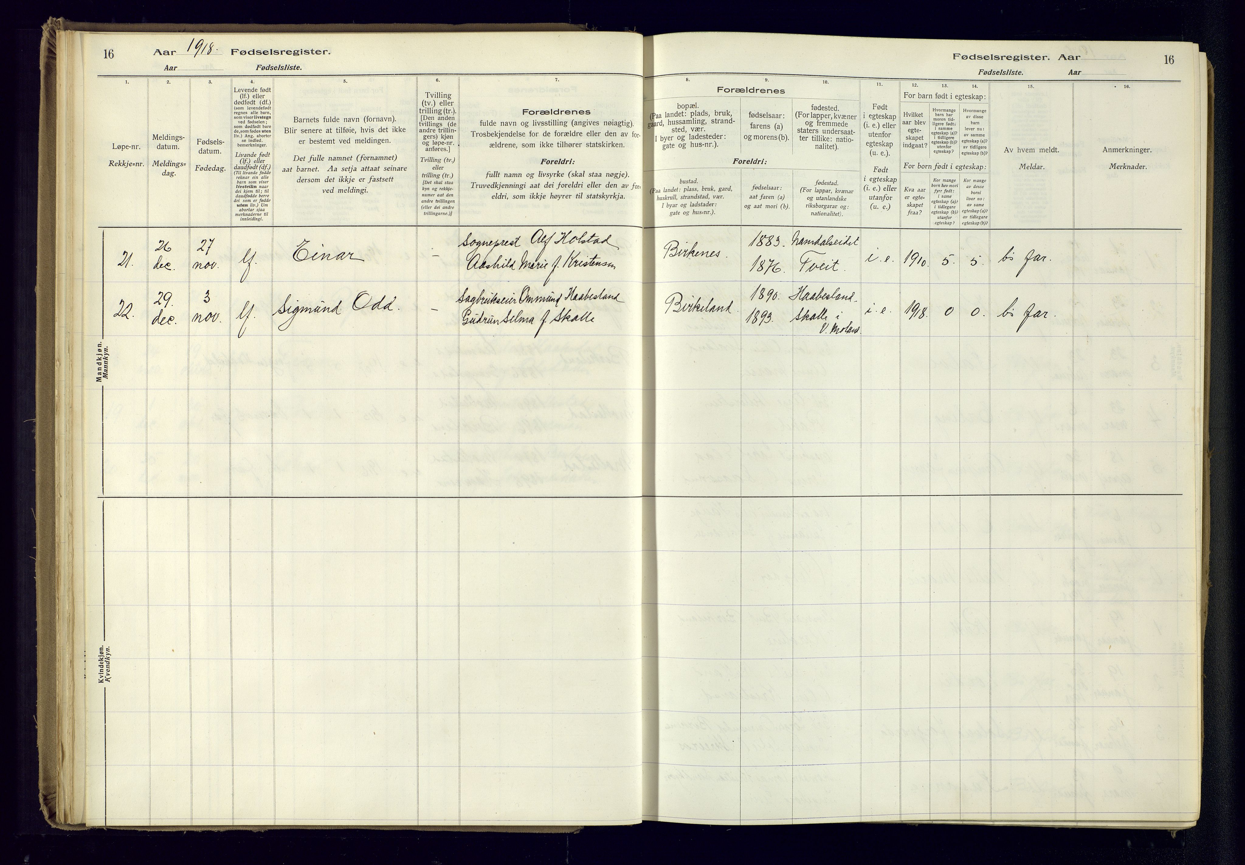 Birkenes sokneprestkontor, SAK/1111-0004/J/Ja/L0001: Birth register no. II.6.4, 1916-1962, p. 16