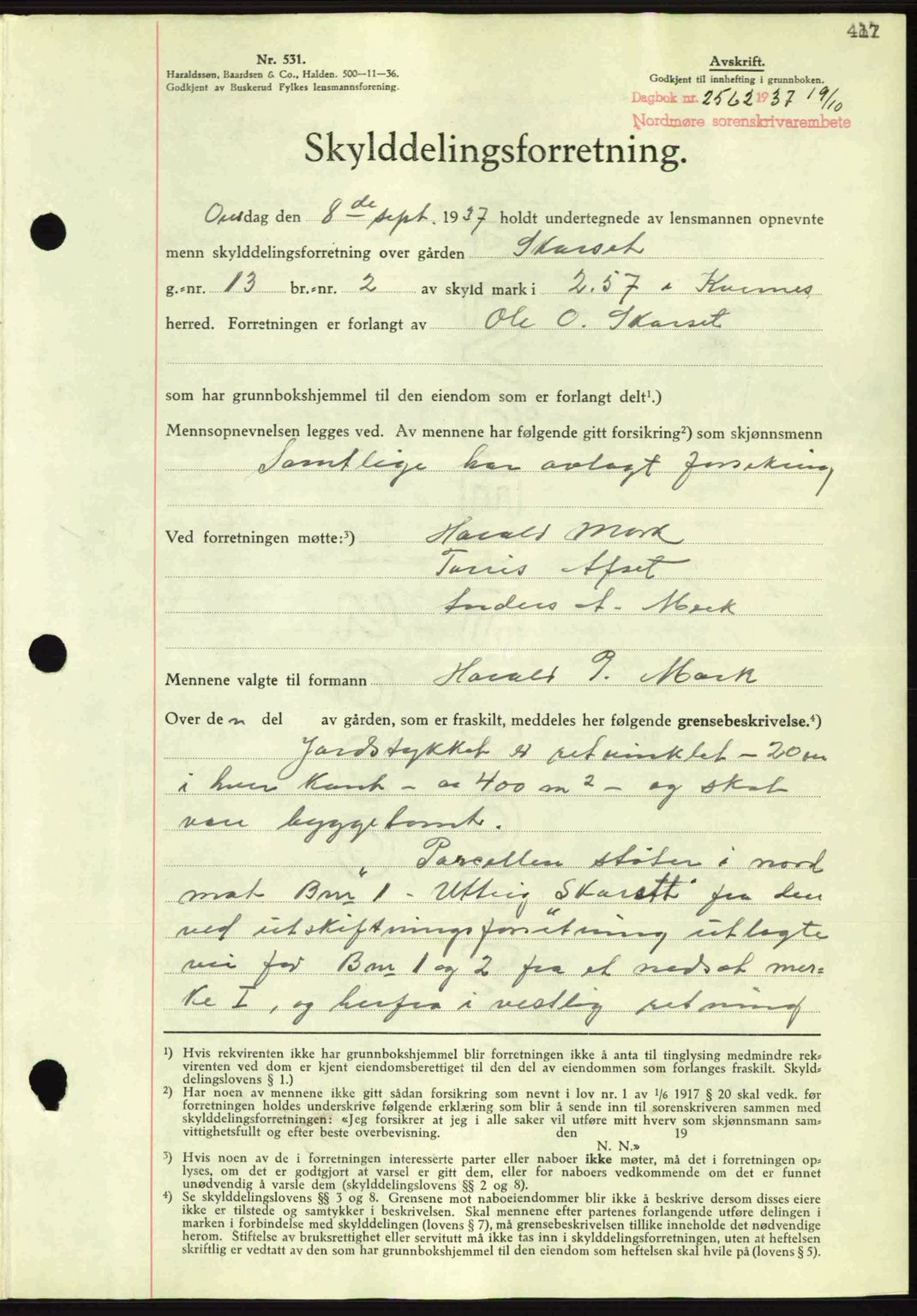 Nordmøre sorenskriveri, SAT/A-4132/1/2/2Ca: Mortgage book no. A82, 1937-1938, Diary no: : 2562/1937