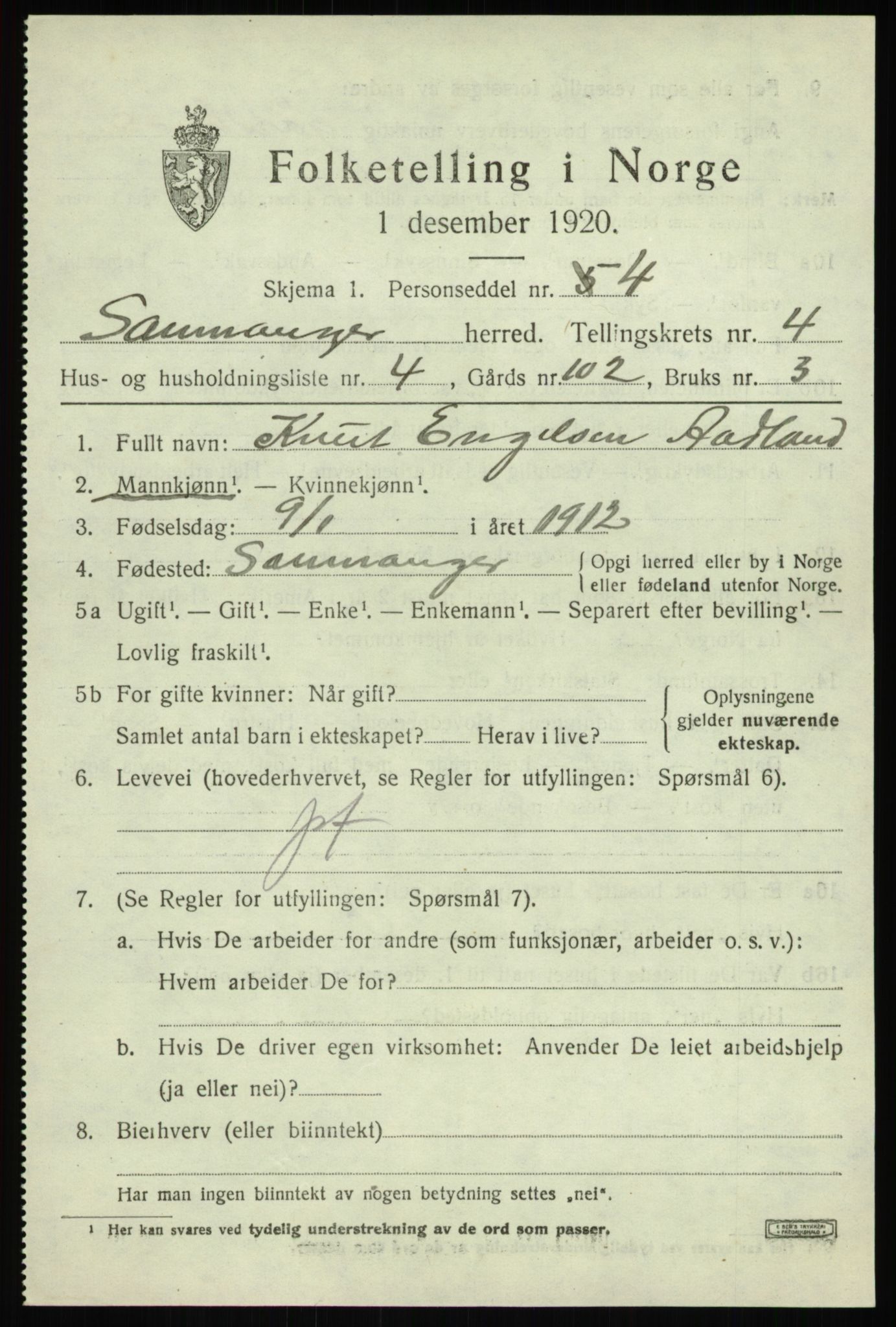 SAB, 1920 census for Samnanger, 1920, p. 1697