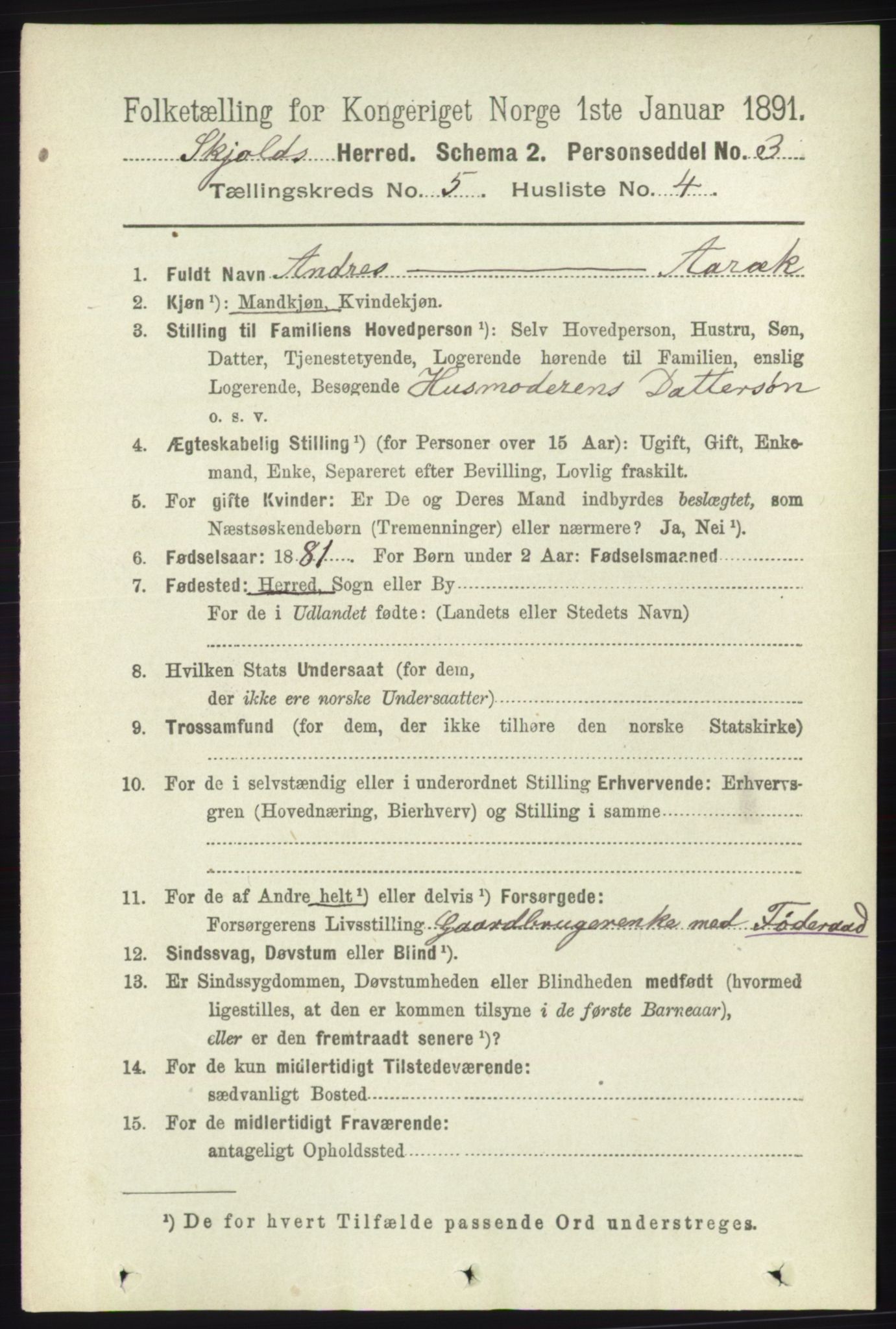 RA, 1891 census for 1154 Skjold, 1891, p. 784