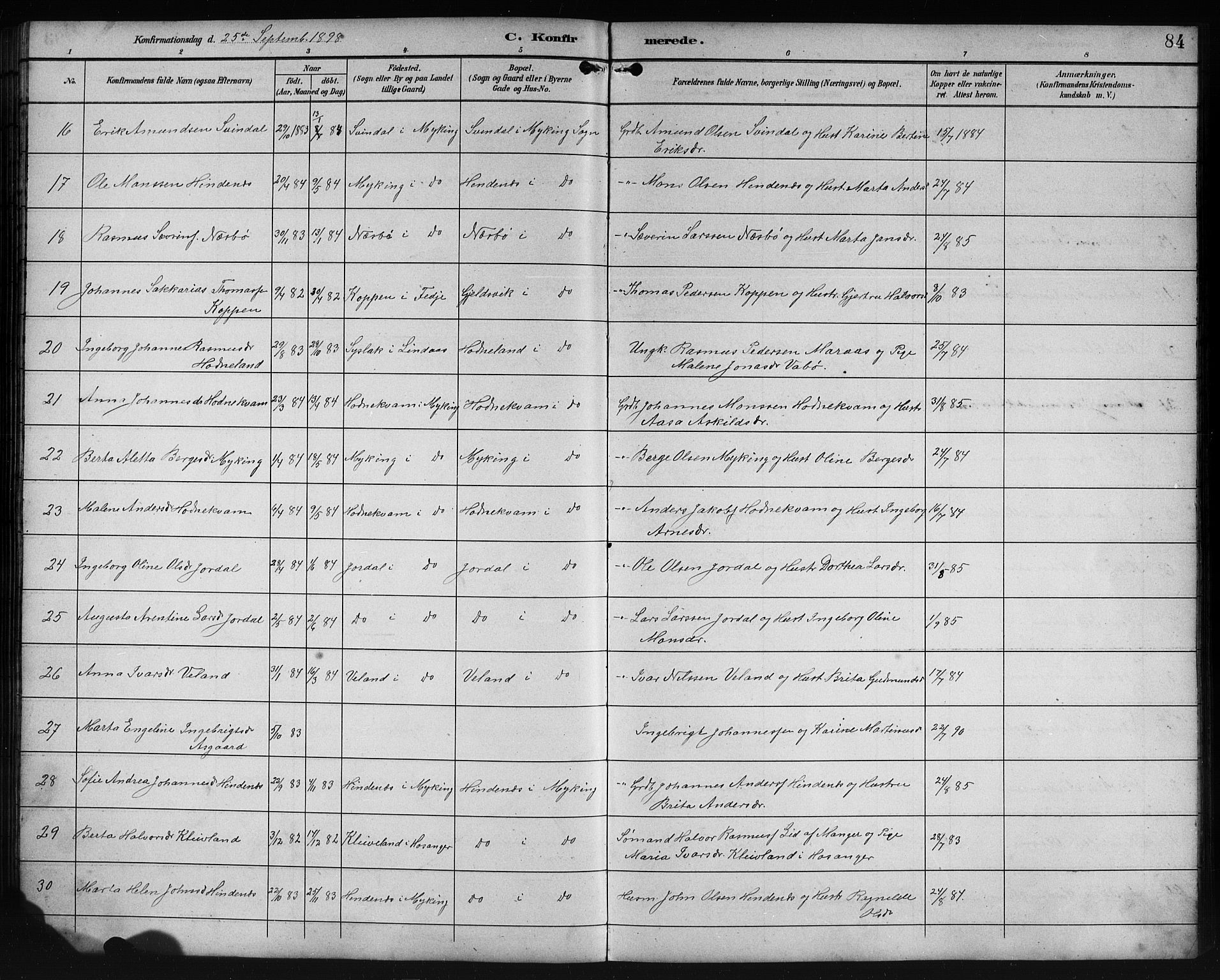 Lindås Sokneprestembete, AV/SAB-A-76701/H/Hab/Habe/L0003: Parish register (copy) no. E 3, 1892-1905, p. 84