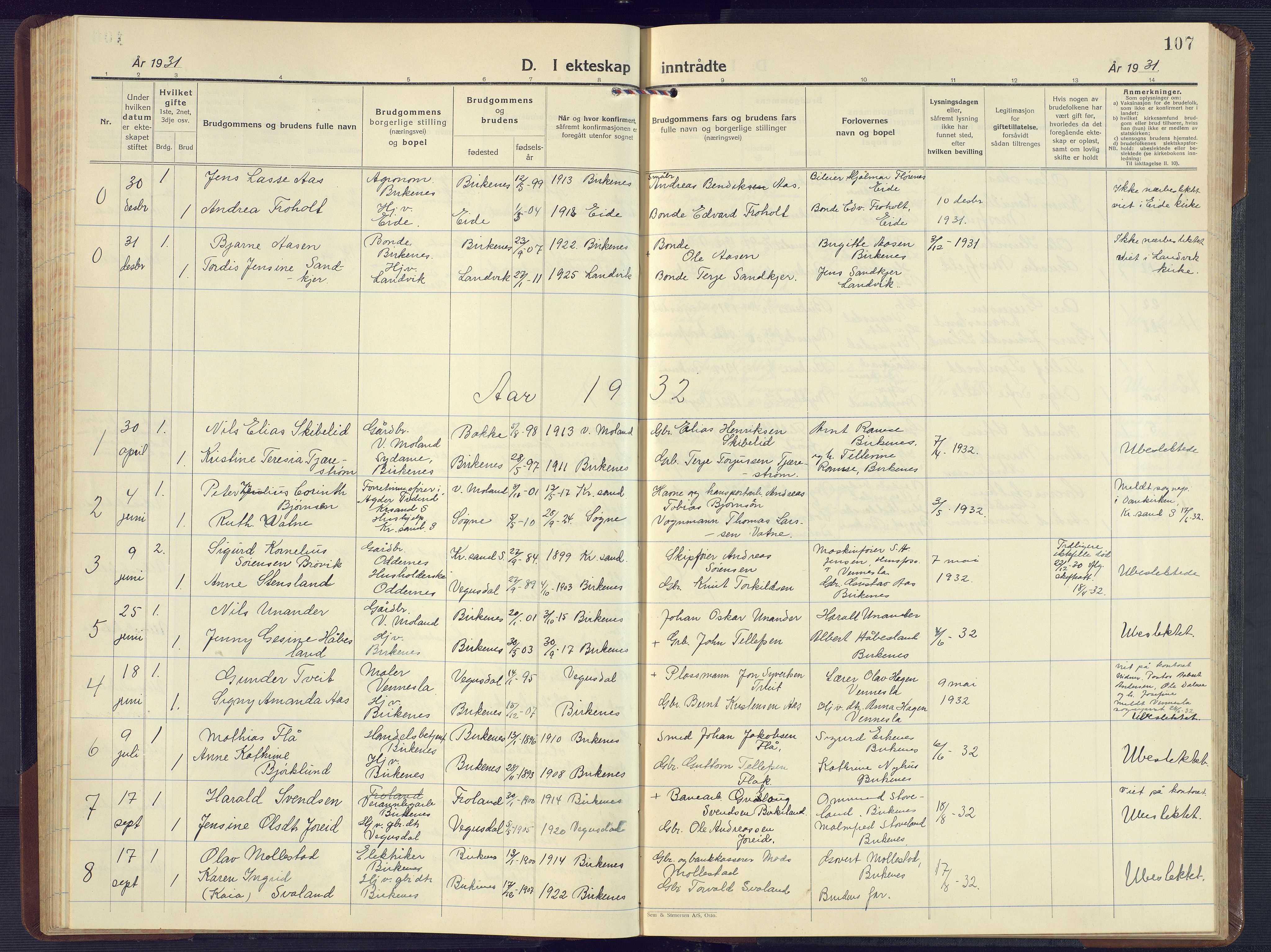 Birkenes sokneprestkontor, SAK/1111-0004/F/Fb/L0005: Parish register (copy) no. B 5, 1930-1957, p. 107