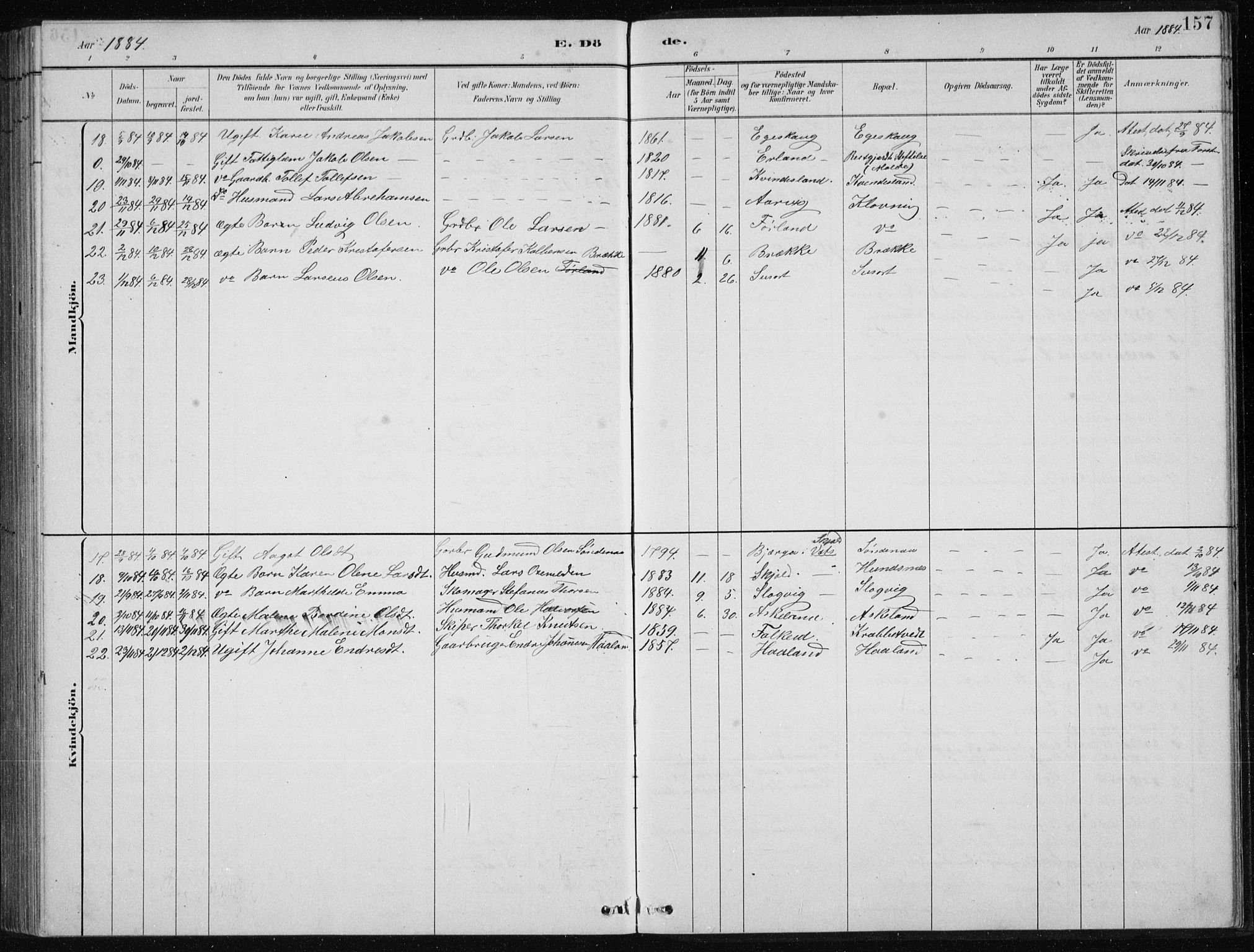 Tysvær sokneprestkontor, AV/SAST-A -101864/H/Ha/Hab/L0004: Parish register (copy) no. B 4, 1883-1896, p. 157