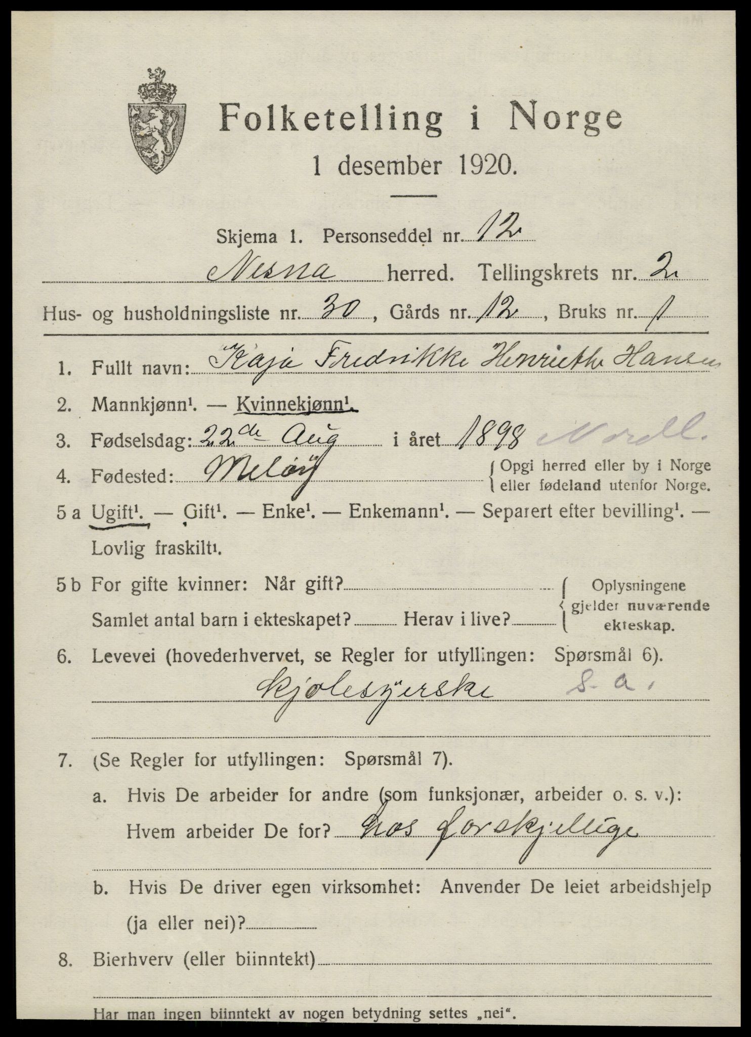 SAT, 1920 census for Nesna, 1920, p. 2059