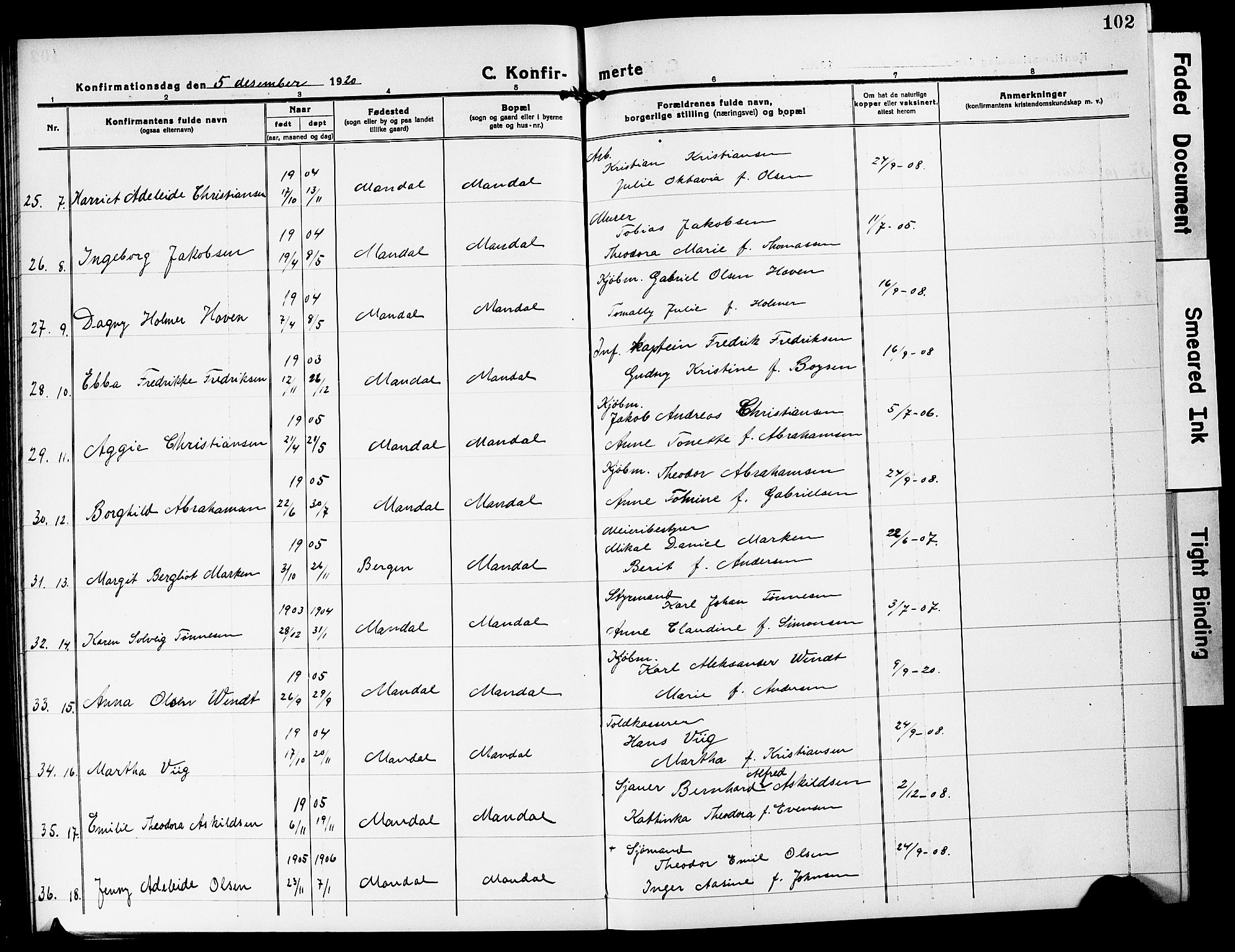 Mandal sokneprestkontor, AV/SAK-1111-0030/F/Fb/Fbc/L0001: Parish register (copy) no. B 1, 1918-1931, p. 102