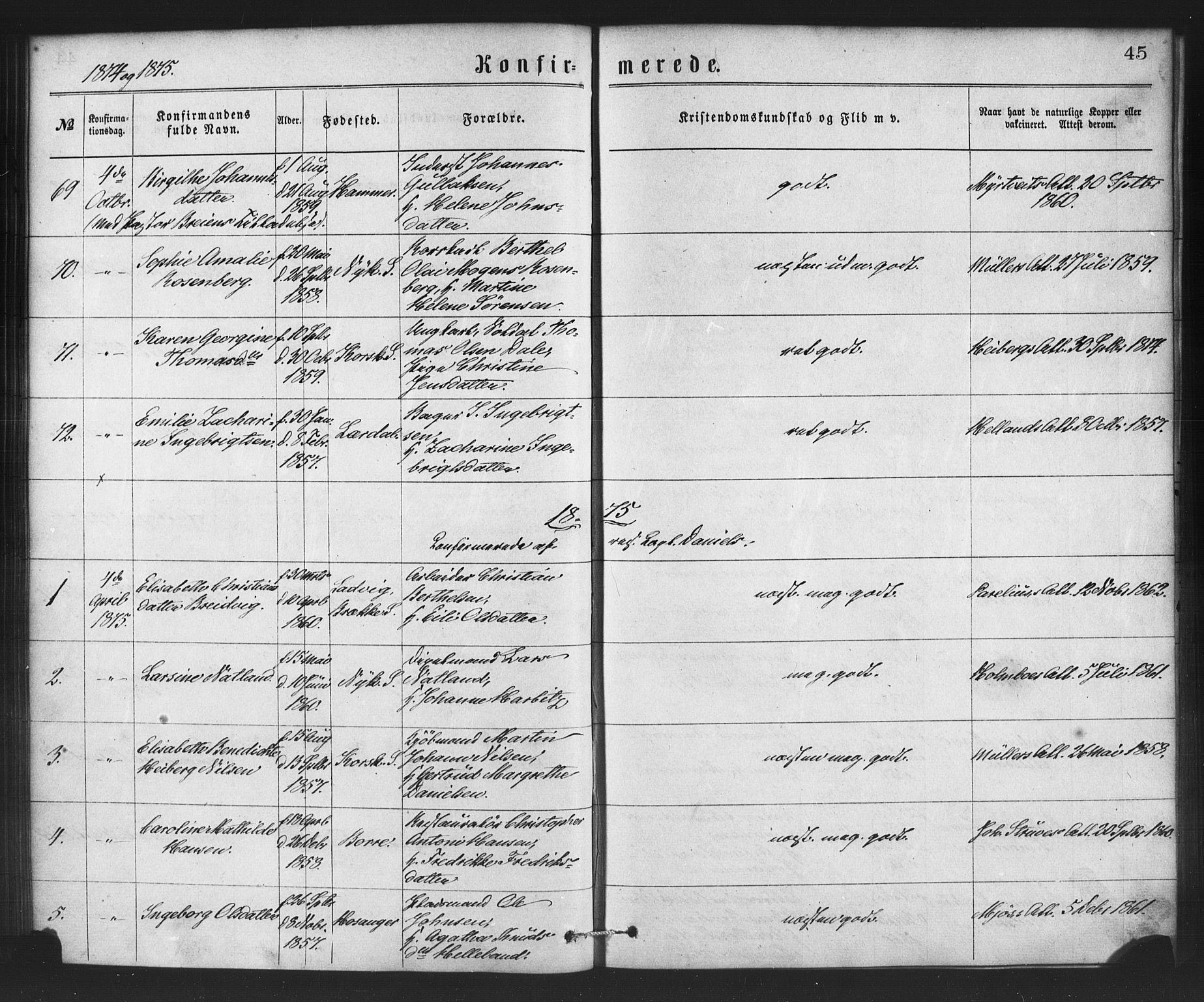 Nykirken Sokneprestembete, SAB/A-77101/H/Haa/L0026: Parish register (official) no. C 5, 1870-1886, p. 45