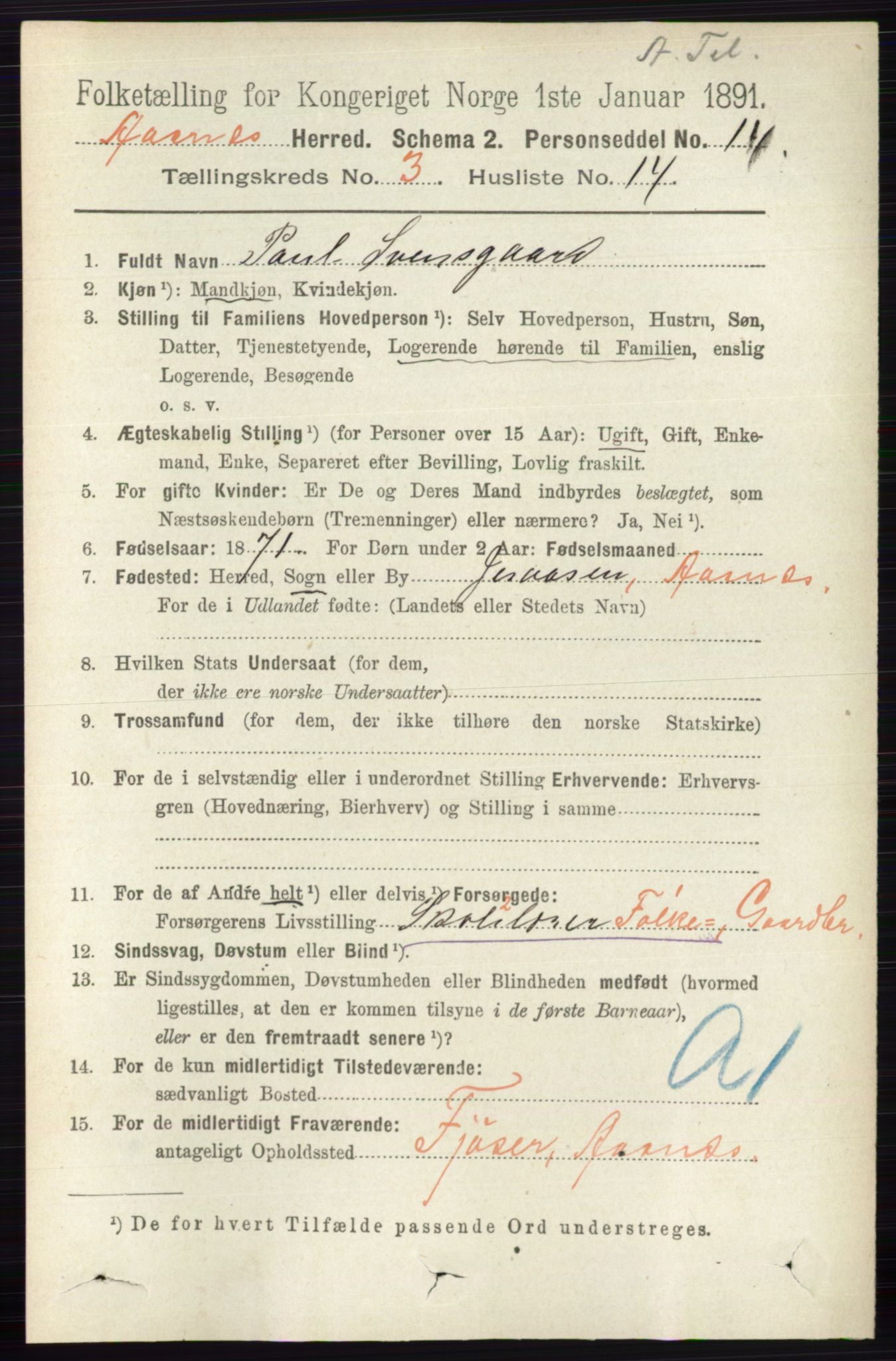 RA, 1891 census for 0425 Åsnes, 1891, p. 1175