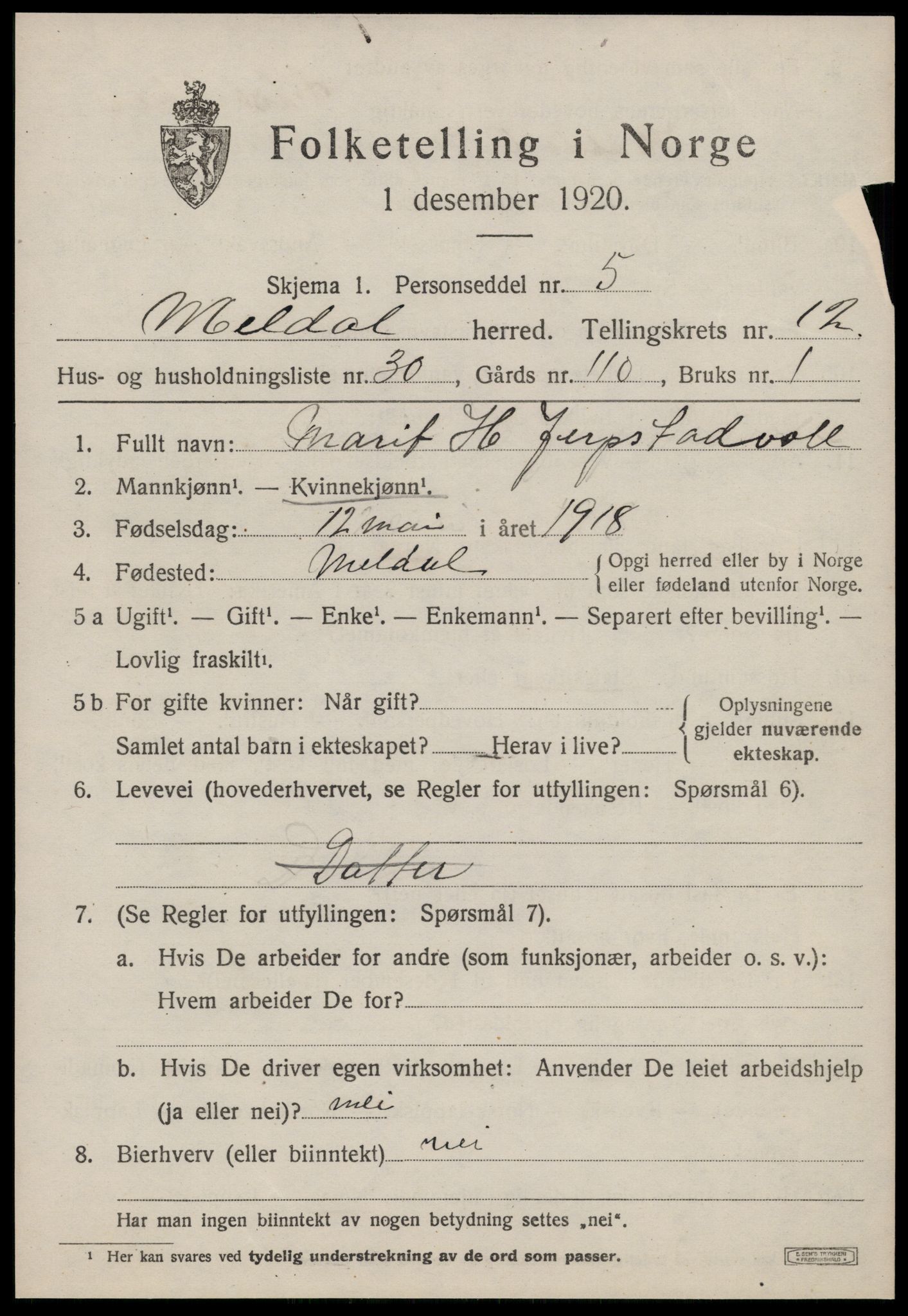 SAT, 1920 census for Meldal, 1920, p. 9463