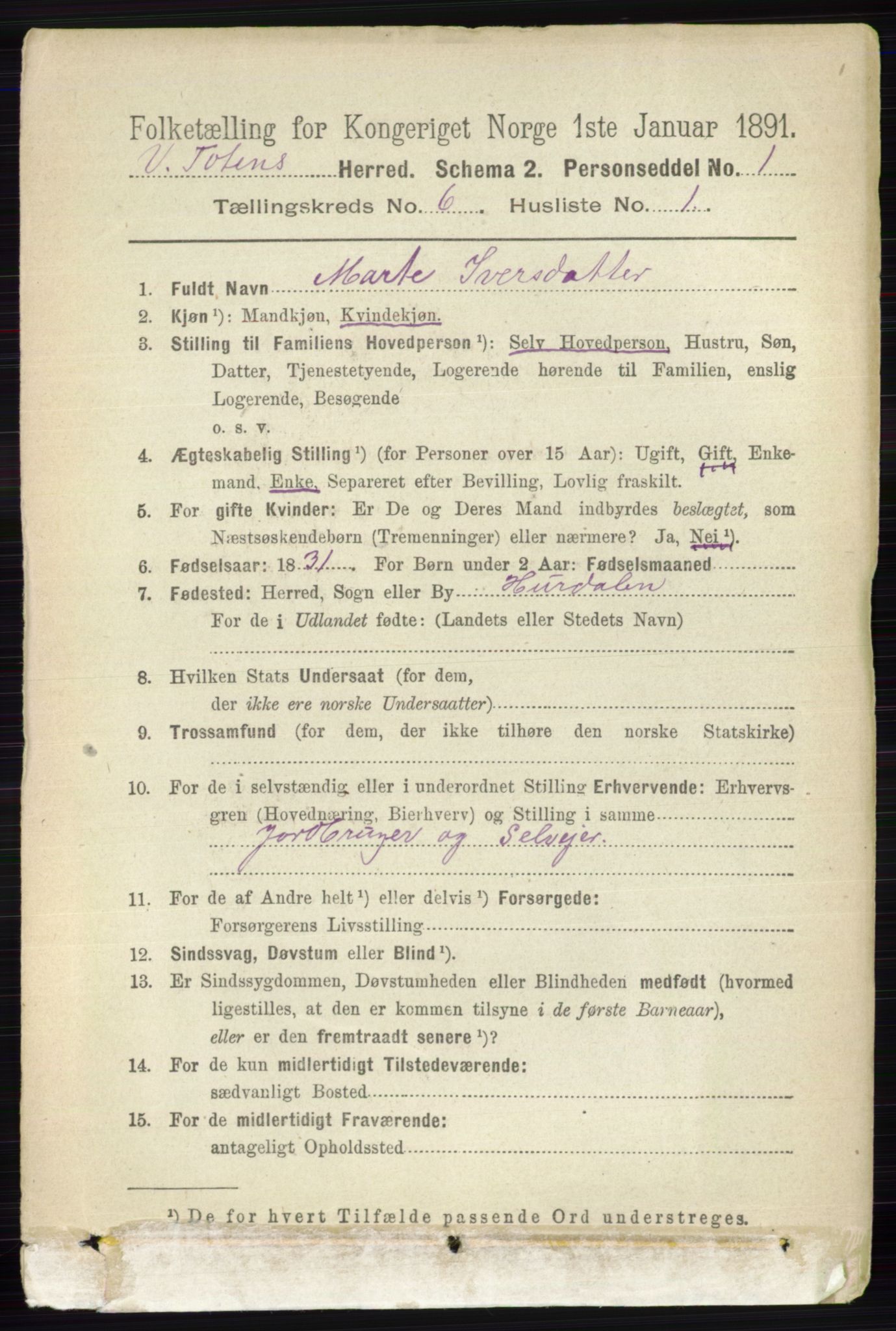 RA, 1891 census for 0529 Vestre Toten, 1891, p. 3815