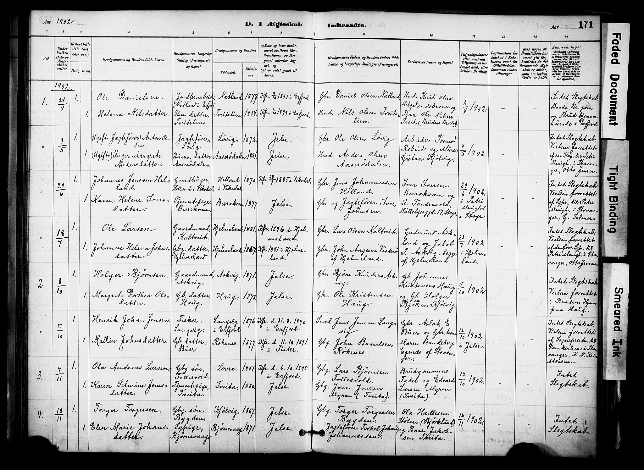 Jelsa sokneprestkontor, SAST/A-101842/01/IV: Parish register (official) no. A 10, 1884-1906, p. 171