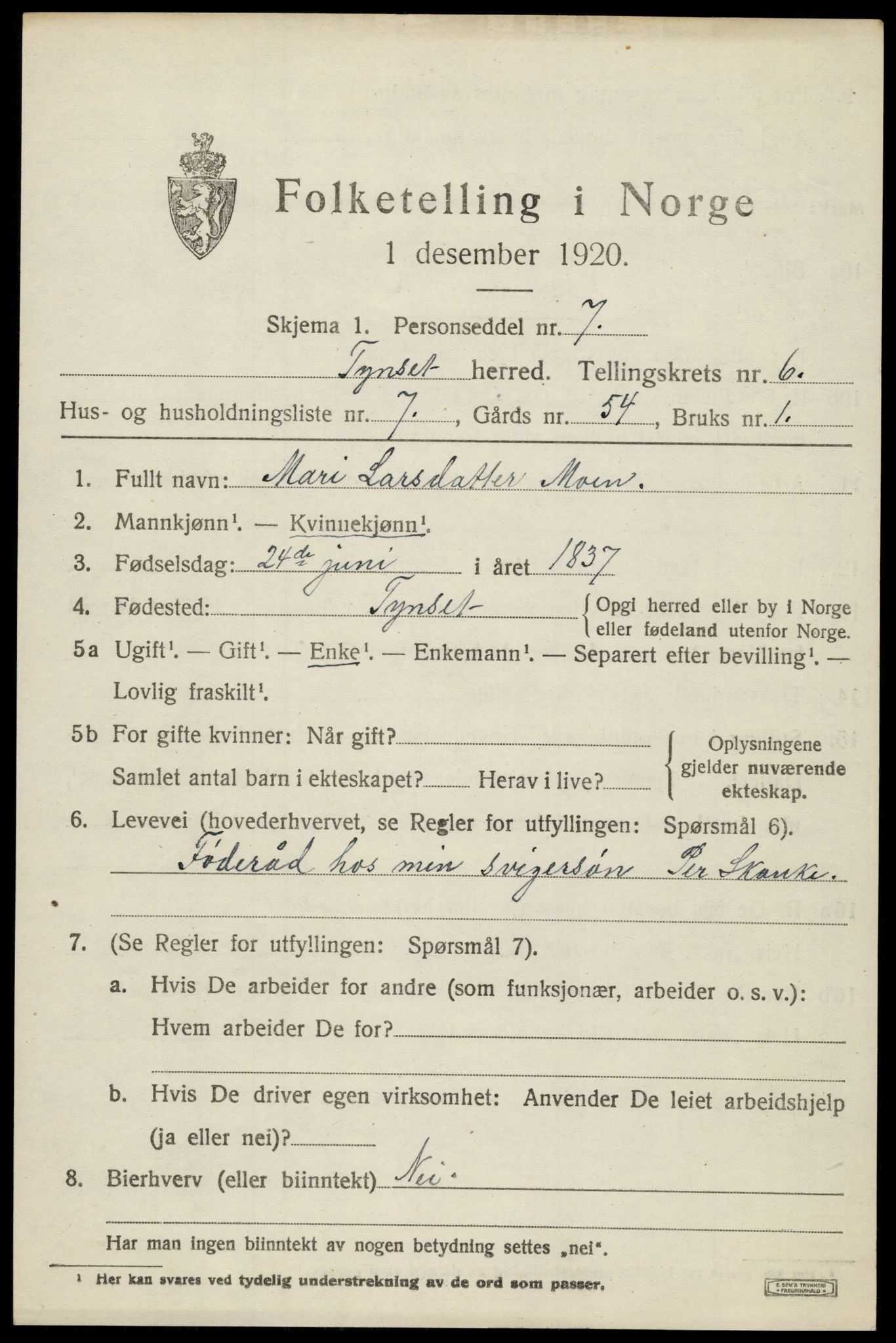 SAH, 1920 census for Tynset, 1920, p. 5612