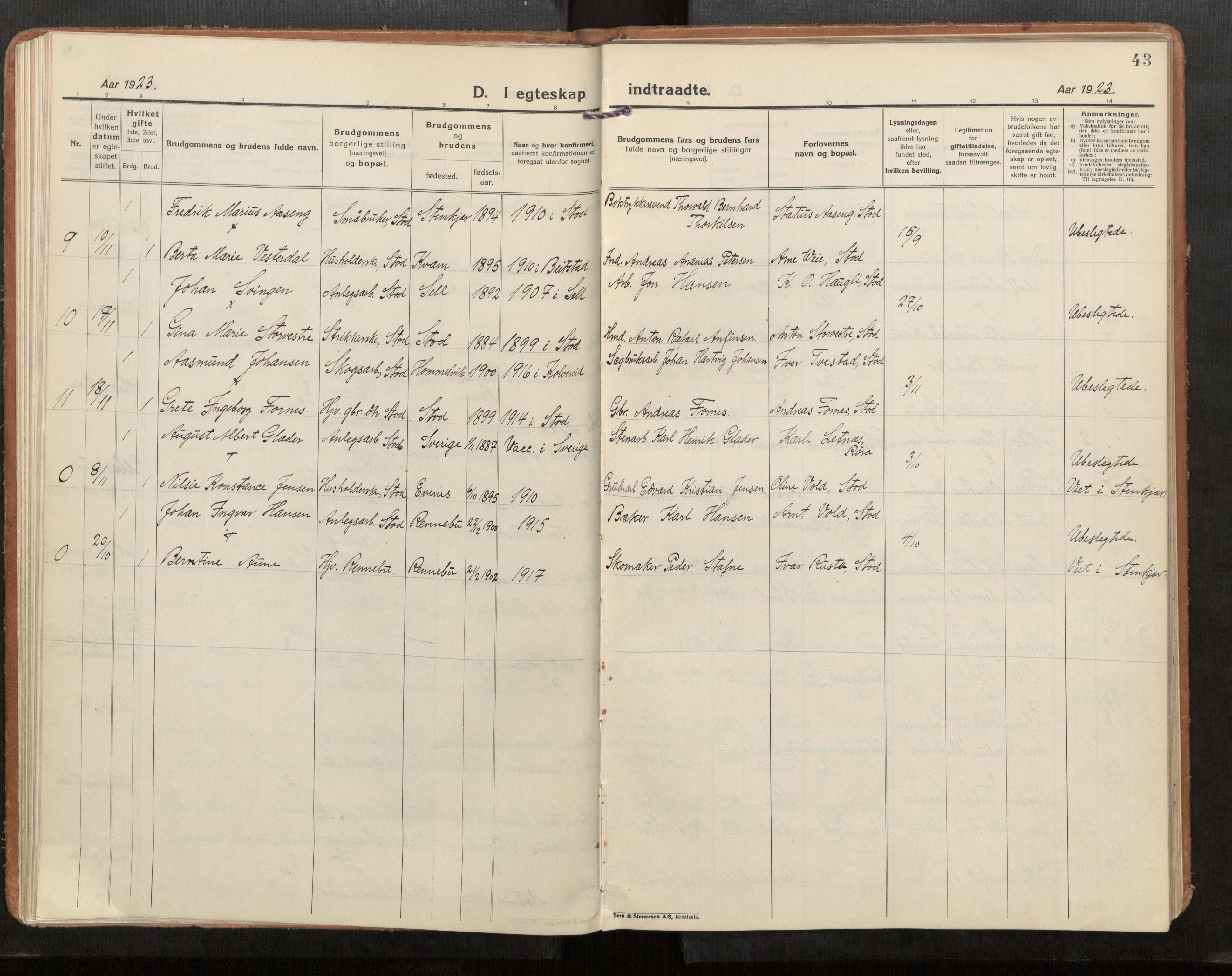 Stod sokneprestkontor, SAT/A-1164/1/I/I1/I1a/L0005: Parish register (official) no. 5, 1923-1932, p. 43