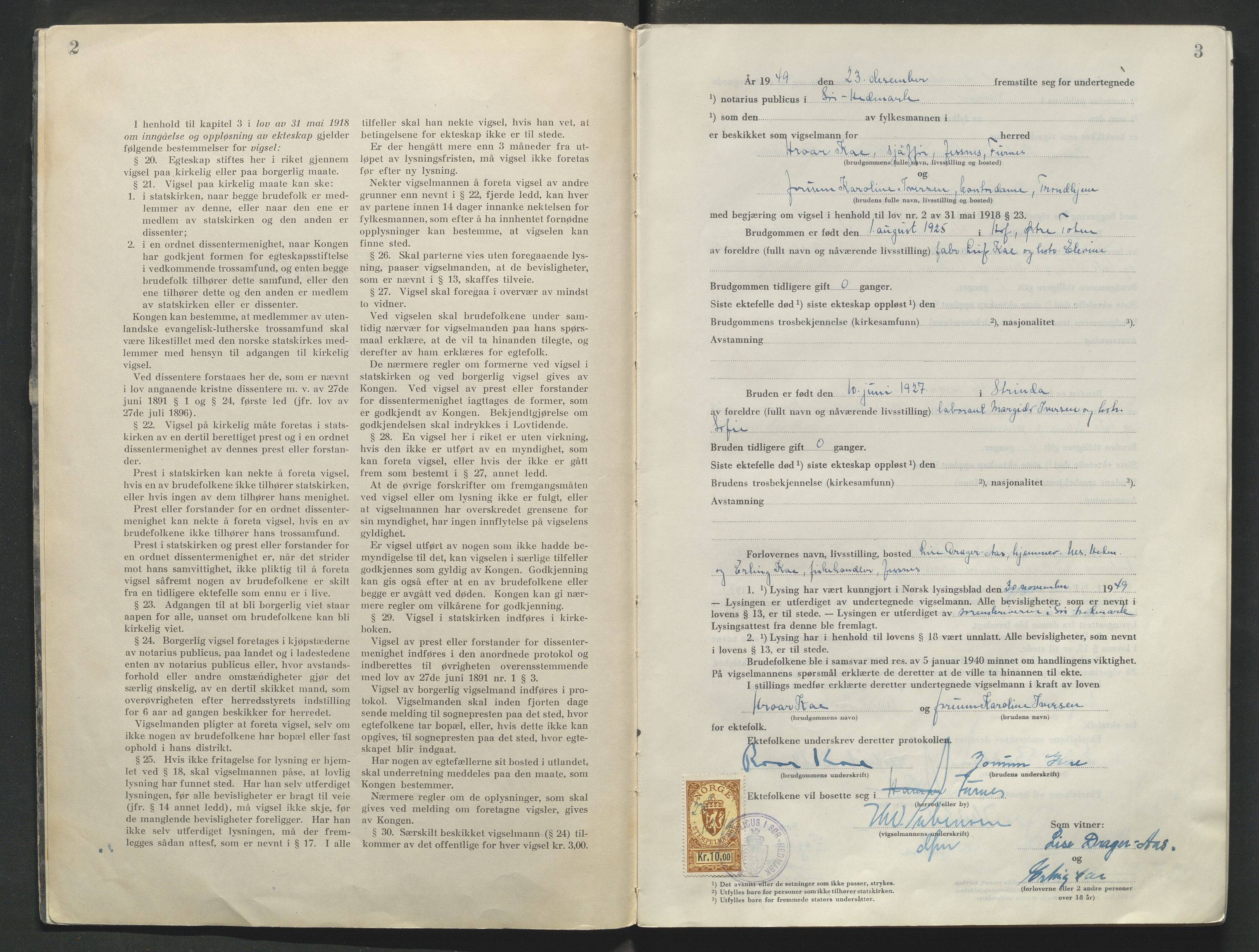 Sør-Hedmark sorenskriveri, AV/SAH-TING-014/L/Le/L0002/0003: Vigselsbøker / Vigselbok, 1949-1954, p. 2-3