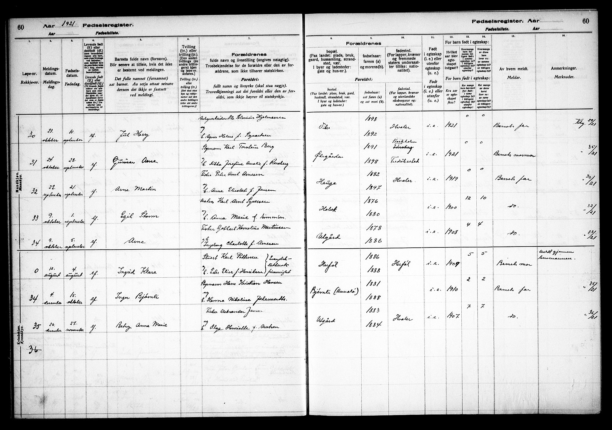 Hvaler prestekontor Kirkebøker, AV/SAO-A-2001/J/Ja/L0001: Birth register no. I 1, 1916-1938, p. 60