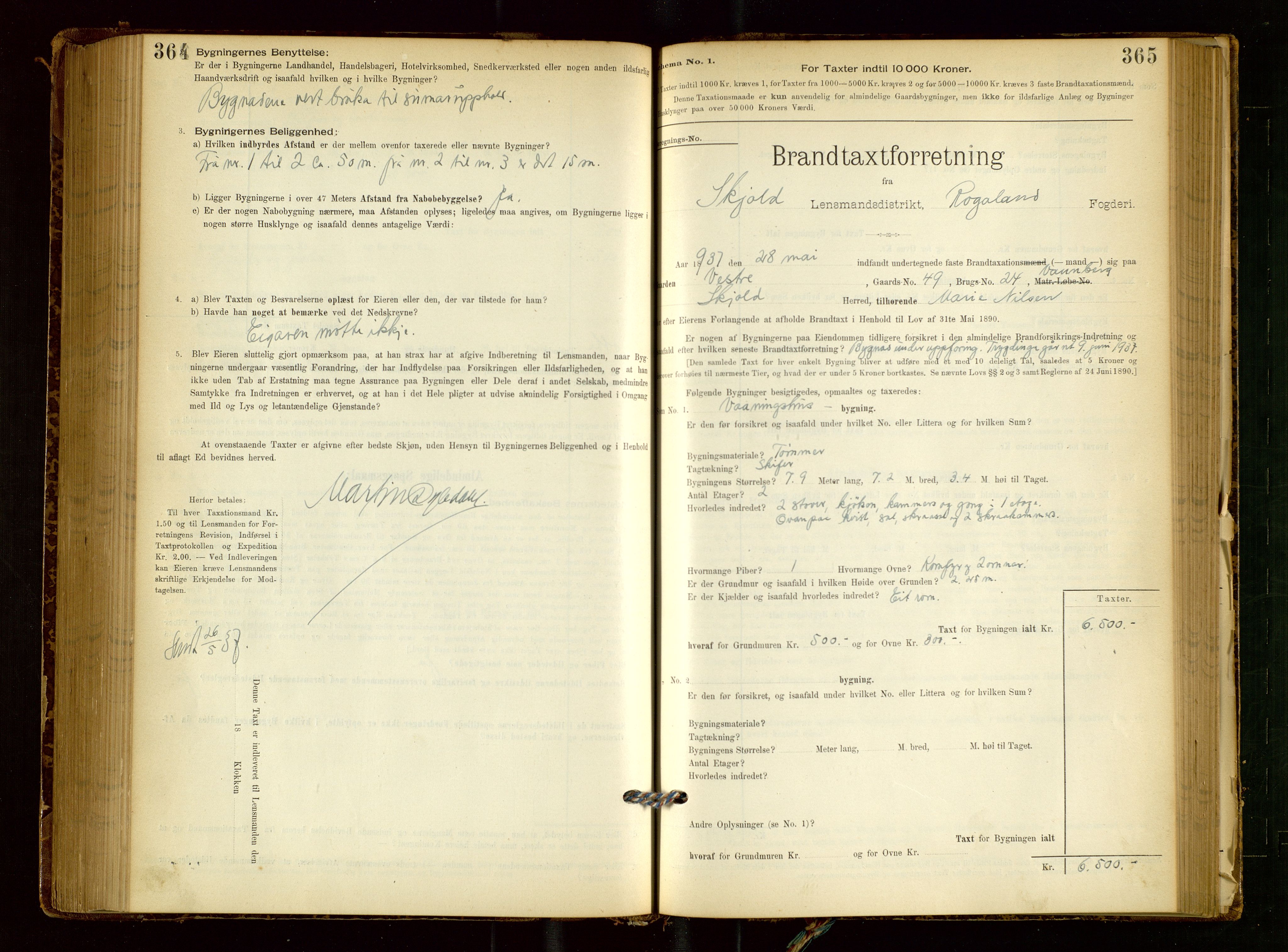 Skjold lensmannskontor, SAST/A-100182/Gob/L0001: "Brandtaxationsprotokol for Skjold Lensmandsdistrikt Ryfylke Fogderi", 1894-1939, p. 364-365