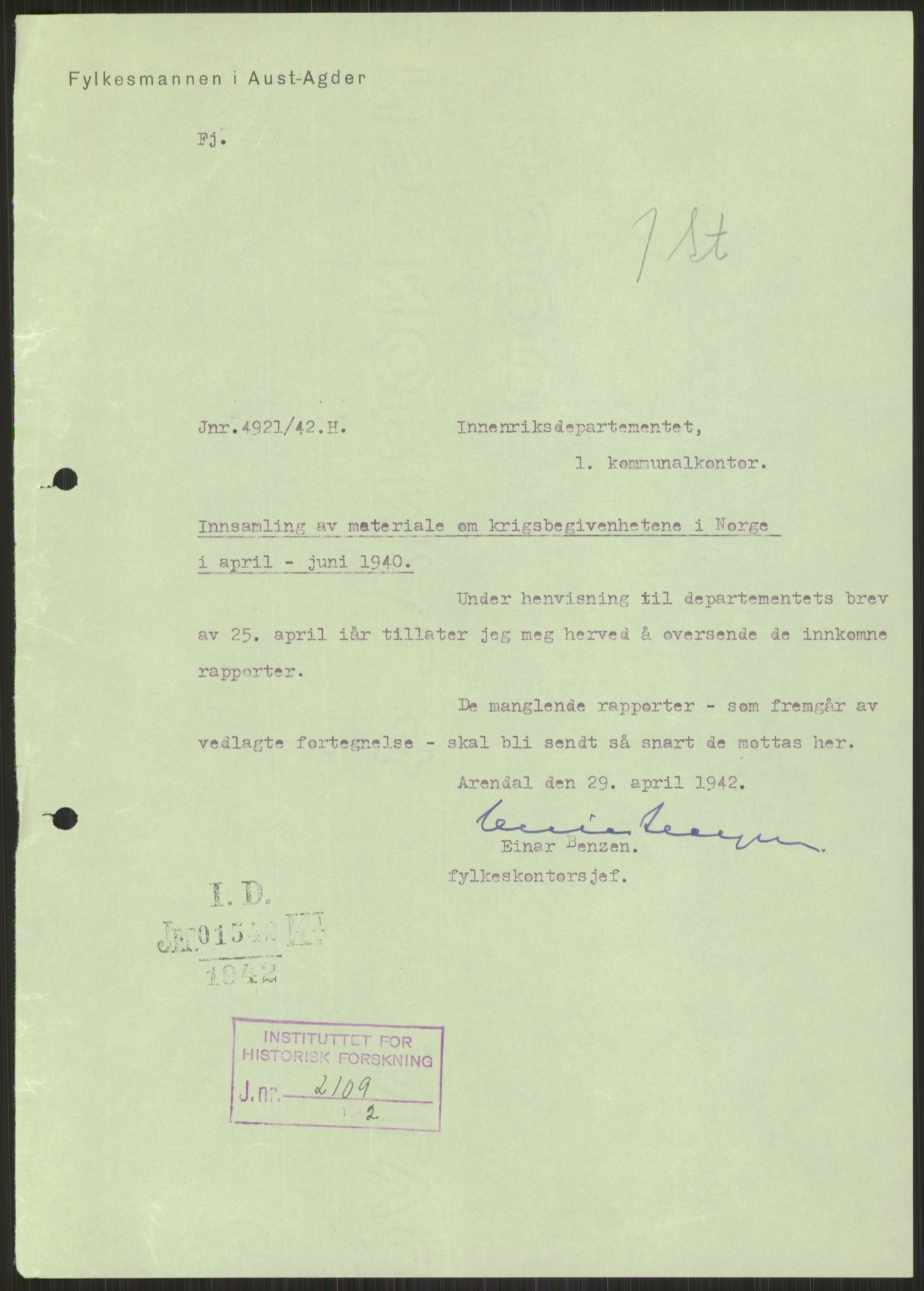 Forsvaret, Forsvarets krigshistoriske avdeling, AV/RA-RAFA-2017/Y/Ya/L0014: II-C-11-31 - Fylkesmenn.  Rapporter om krigsbegivenhetene 1940., 1940, p. 704