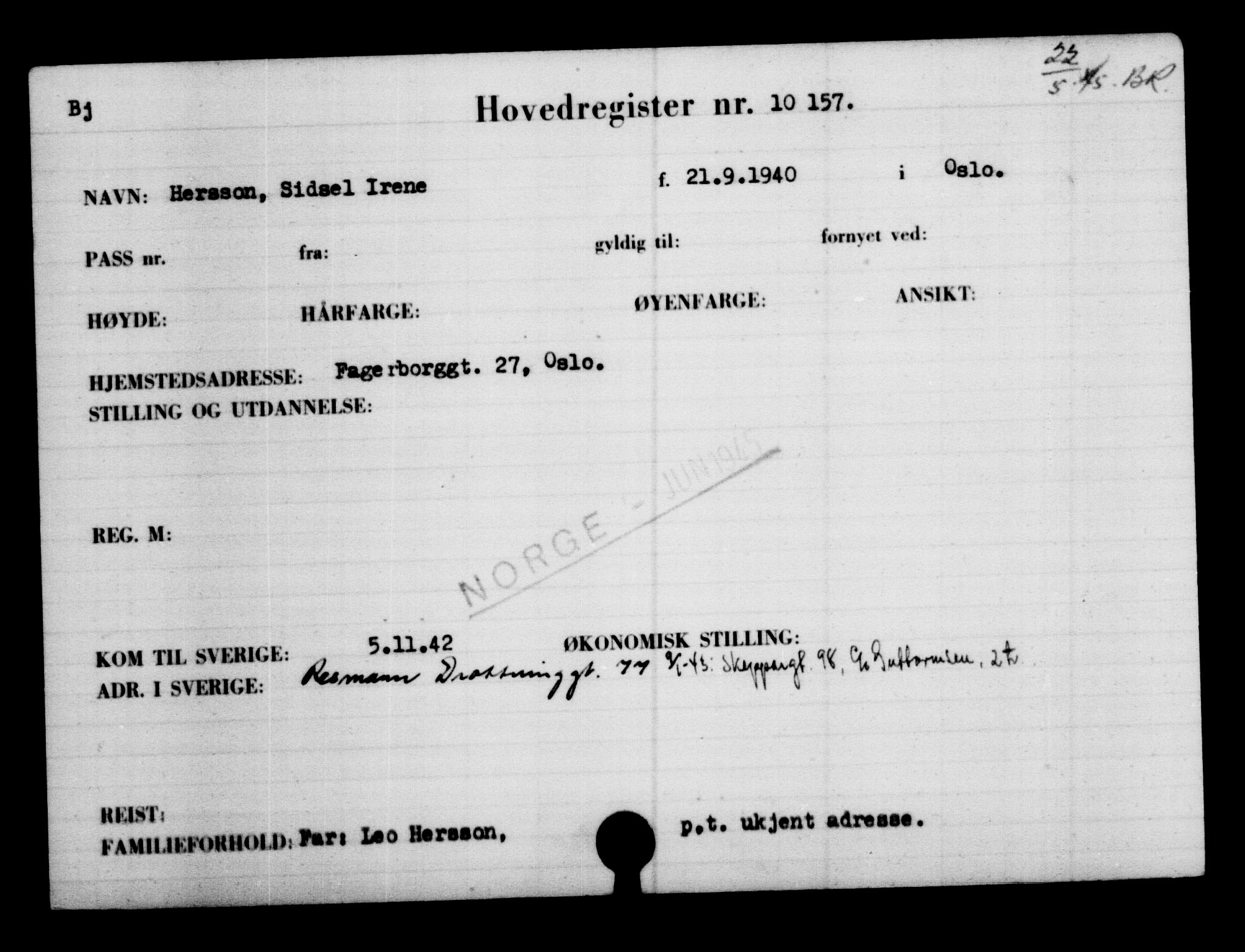 Den Kgl. Norske Legasjons Flyktningskontor, AV/RA-S-6753/V/Va/L0006: Kjesäterkartoteket.  Flyktningenr. 9400-12711, 1940-1945, p. 869