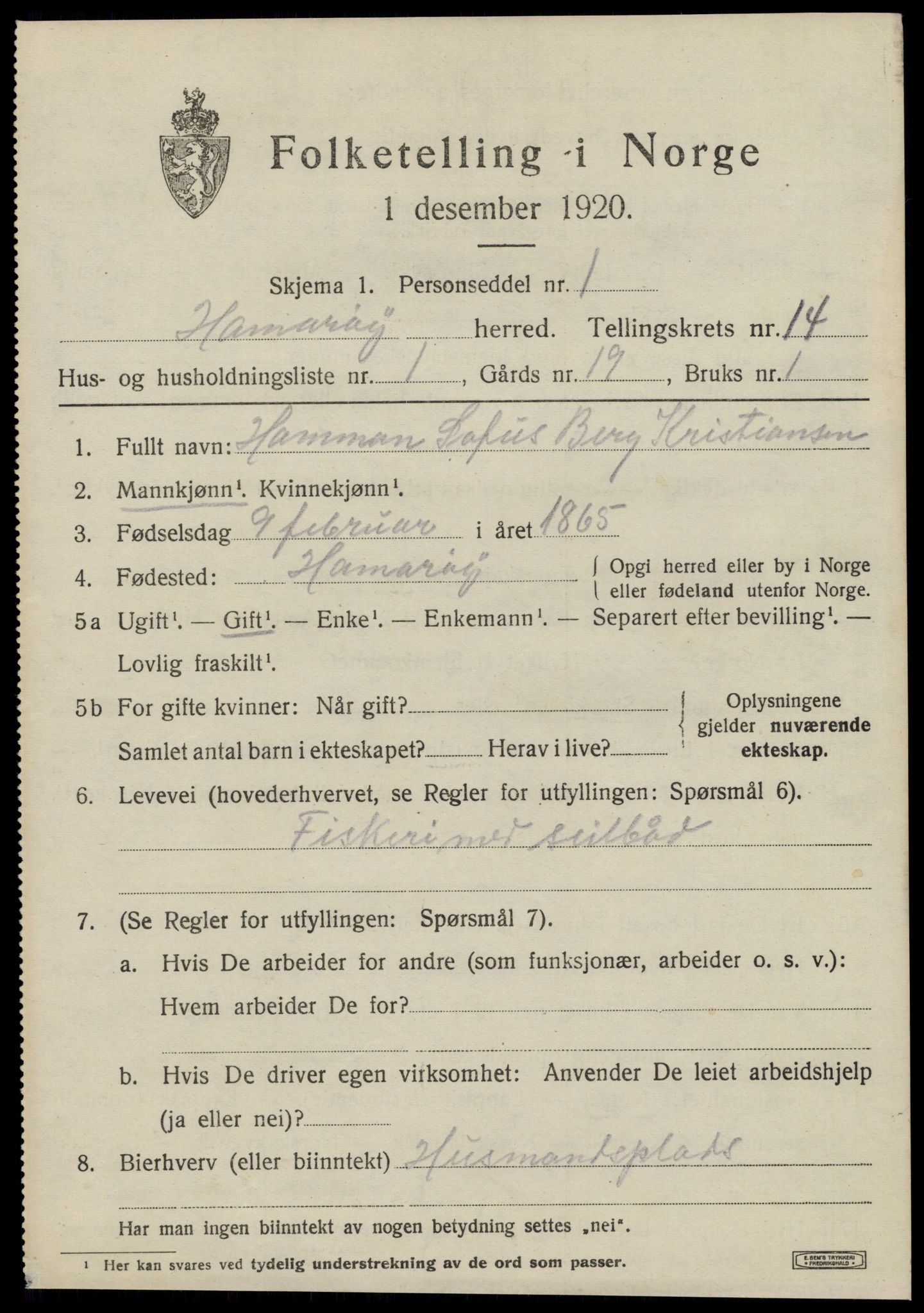 SAT, 1920 census for Hamarøy, 1920, p. 6780