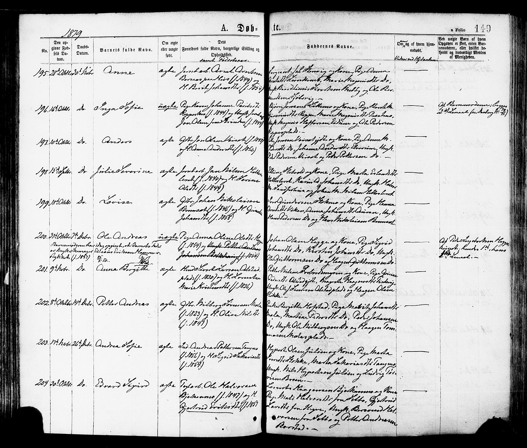 Ministerialprotokoller, klokkerbøker og fødselsregistre - Nord-Trøndelag, AV/SAT-A-1458/709/L0076: Parish register (official) no. 709A16, 1871-1879, p. 149