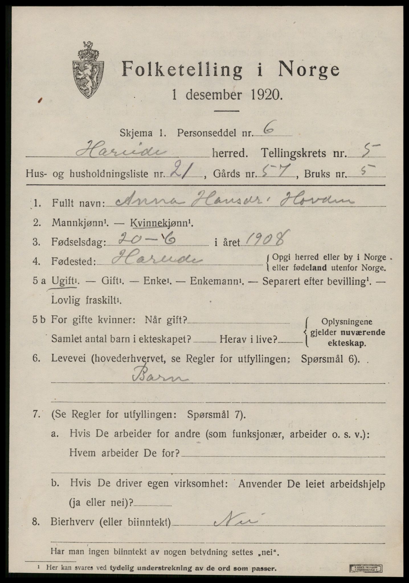 SAT, 1920 census for Hareid, 1920, p. 2159