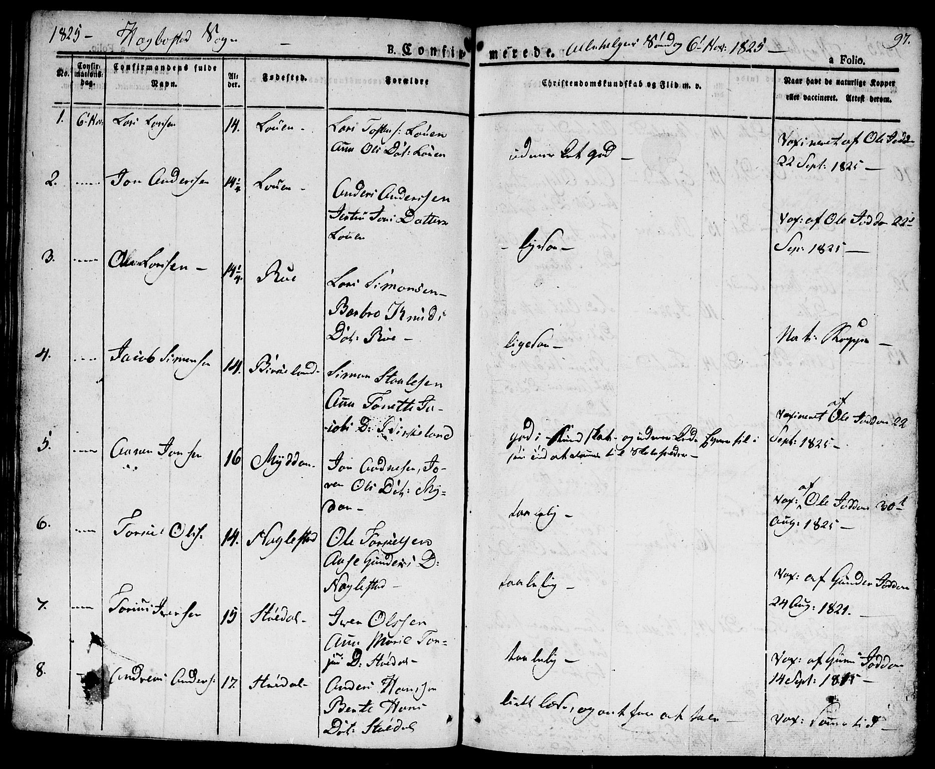 Hægebostad sokneprestkontor, SAK/1111-0024/F/Fa/Faa/L0003: Parish register (official) no. A 3 /1, 1825-1834, p. 97