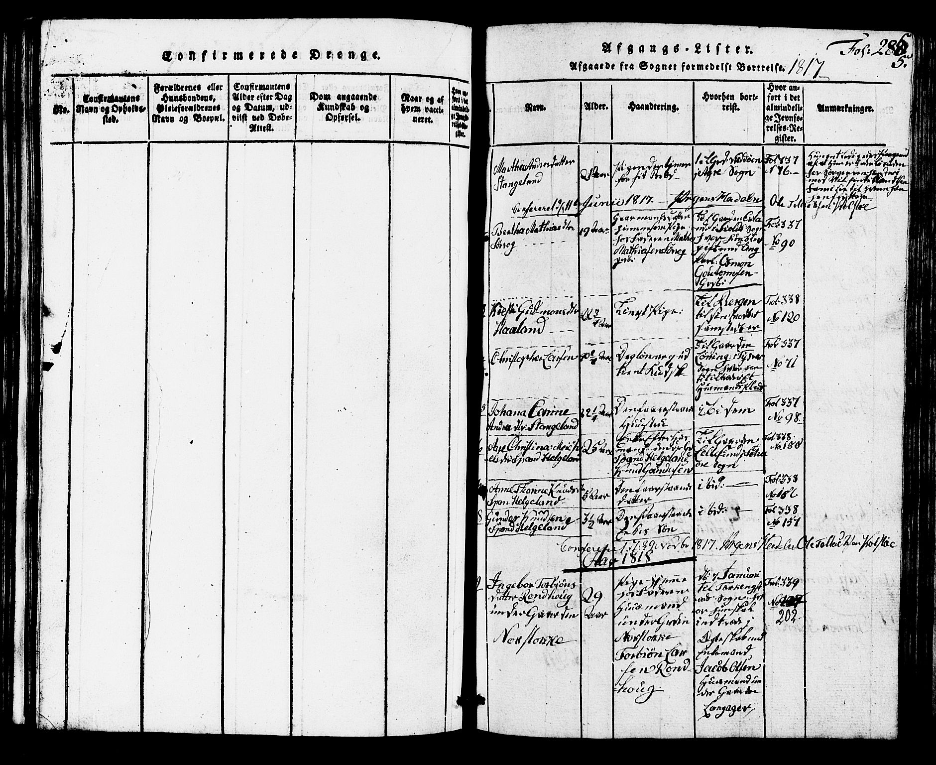Avaldsnes sokneprestkontor, SAST/A -101851/H/Ha/Hab/L0001: Parish register (copy) no. B 1, 1816-1825, p. 285