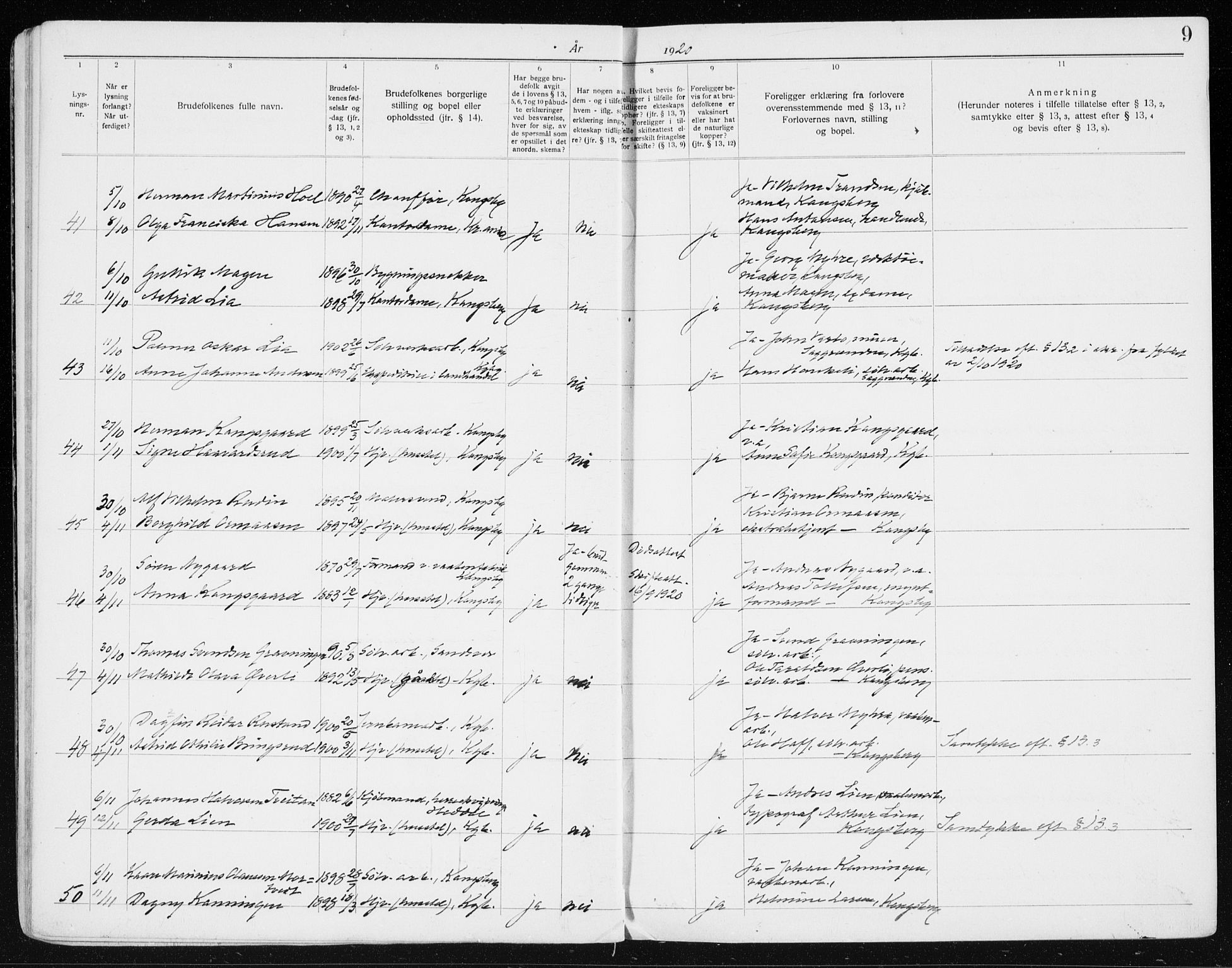 Kongsberg kirkebøker, AV/SAKO-A-22/H/Ha/L0001: Banns register no. 1, 1919-1939, p. 9