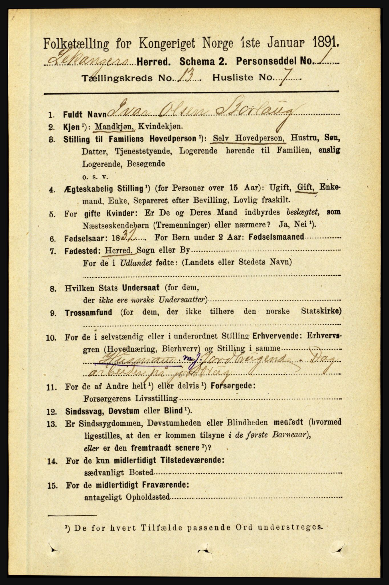 RA, 1891 census for 1419 Leikanger, 1891, p. 2492