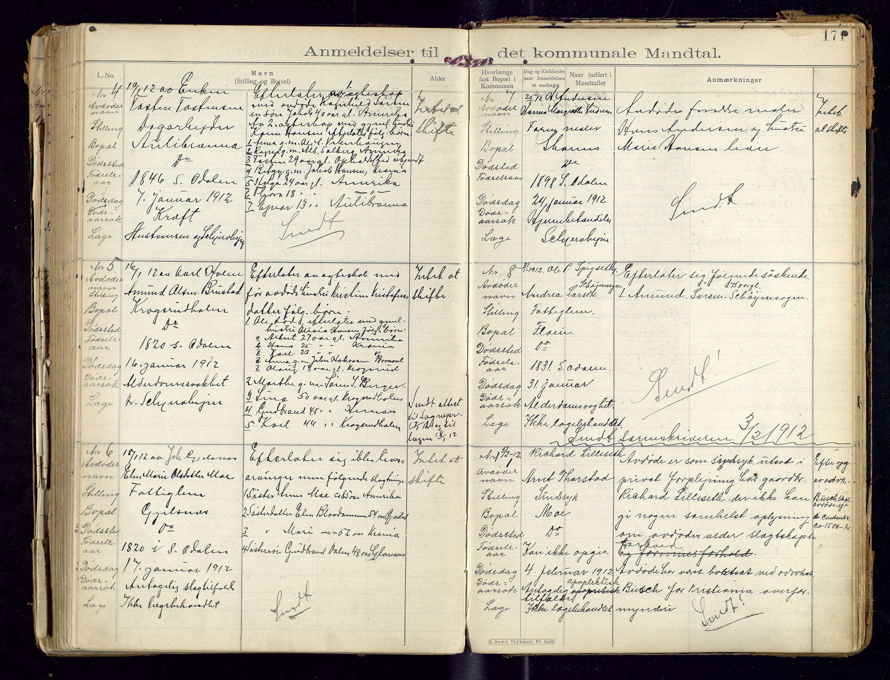 Sør-Odal lensmannskontor, AV/SAH-LHS-022/H/Hb/L0001/0002: Protokoller over anmeldte dødsfall / Protokoll over anmeldte dødsfall, 1901-1913, p. 171