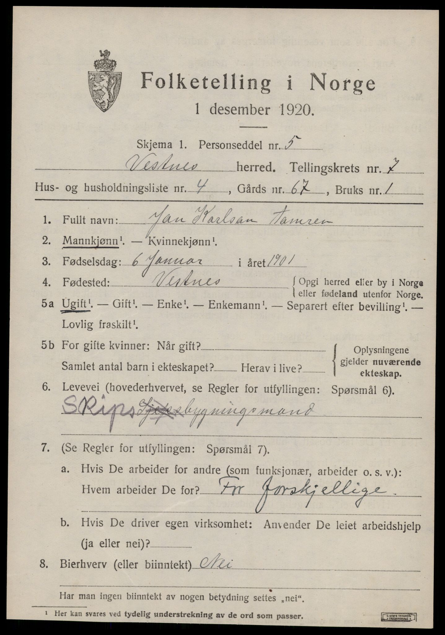 SAT, 1920 census for Vestnes, 1920, p. 5137