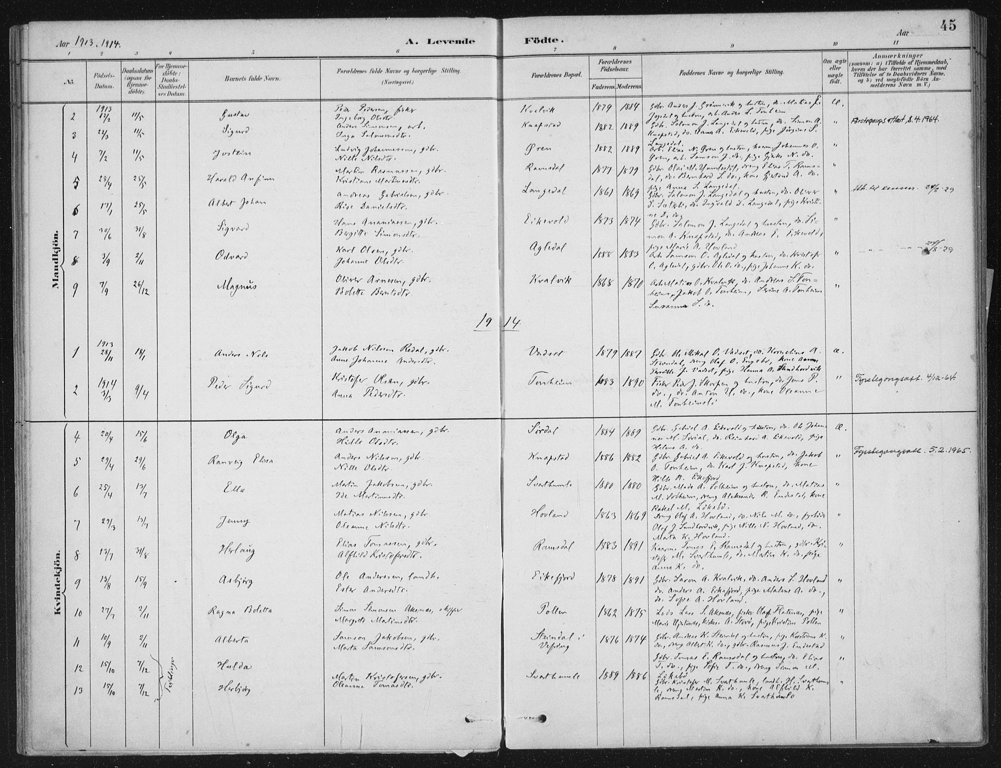 Kinn sokneprestembete, AV/SAB-A-80801/H/Haa/Haae/L0001: Parish register (official) no. E 1, 1890-1916, p. 45