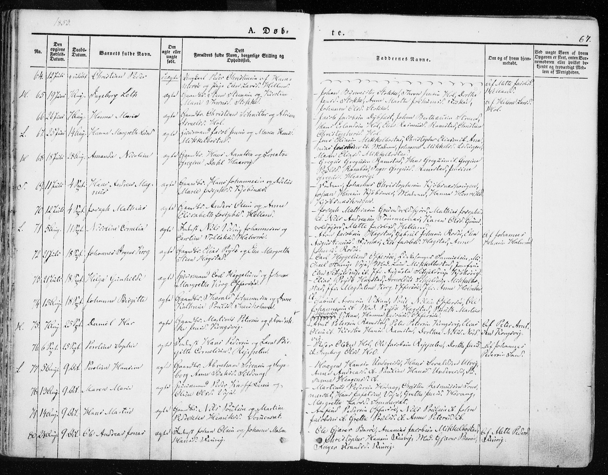 Ministerialprotokoller, klokkerbøker og fødselsregistre - Nordland, SAT/A-1459/872/L1033: Parish register (official) no. 872A08, 1840-1863, p. 67