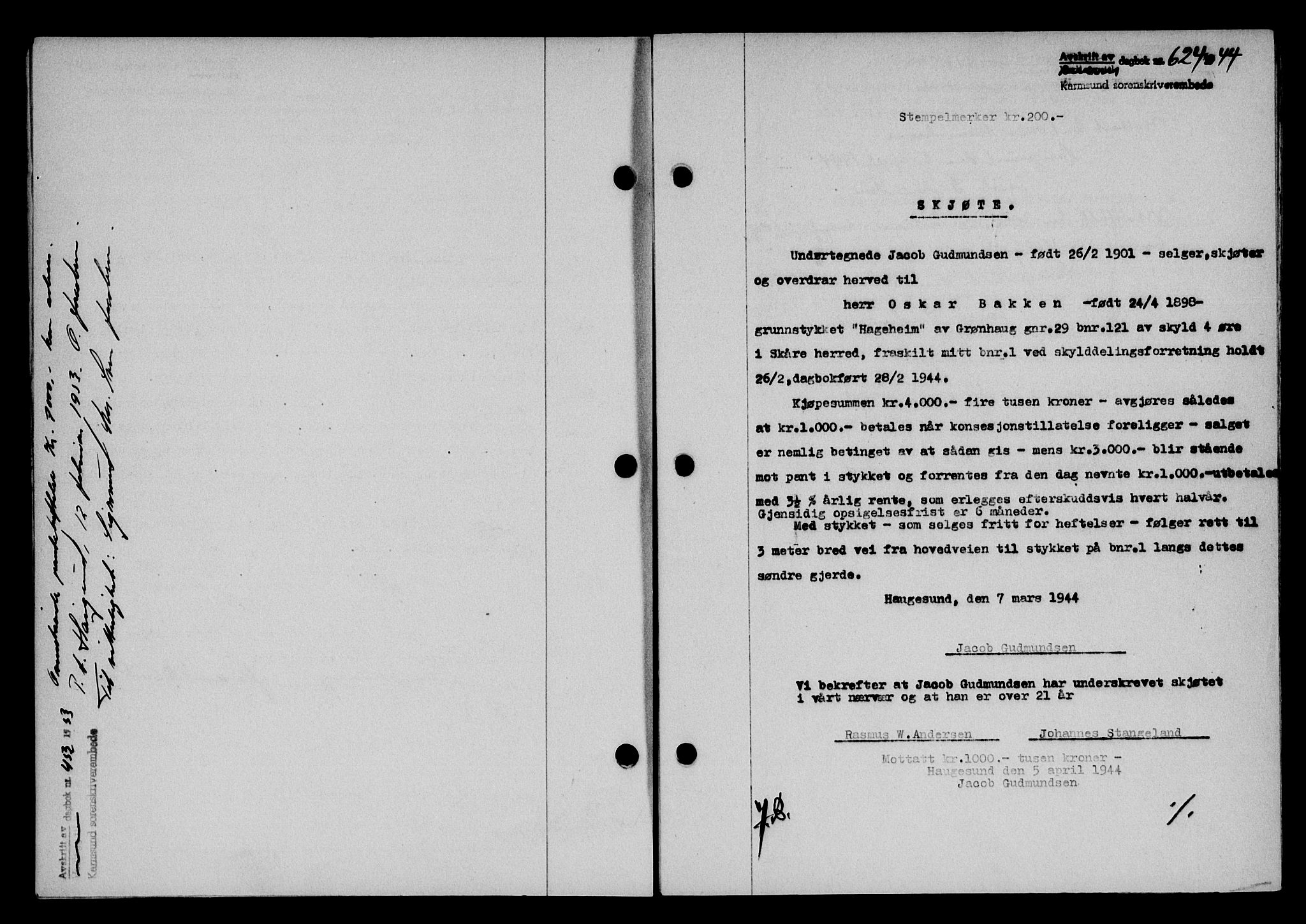 Karmsund sorenskriveri, AV/SAST-A-100311/01/II/IIB/L0081: Mortgage book no. 62A, 1943-1944, Diary no: : 624/1944