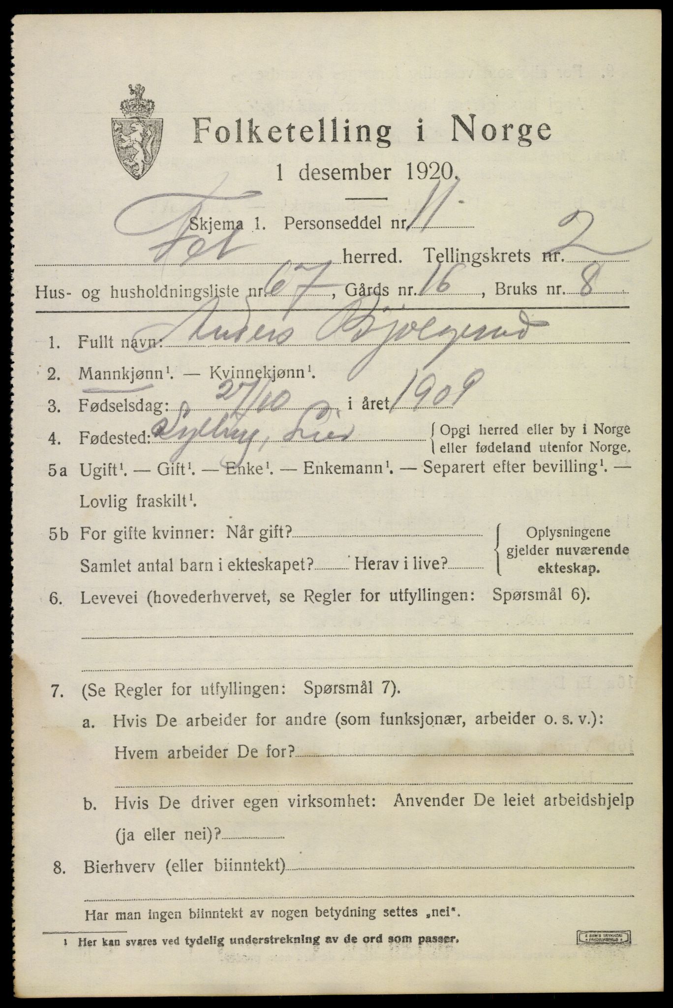 SAO, 1920 census for Fet, 1920, p. 3770