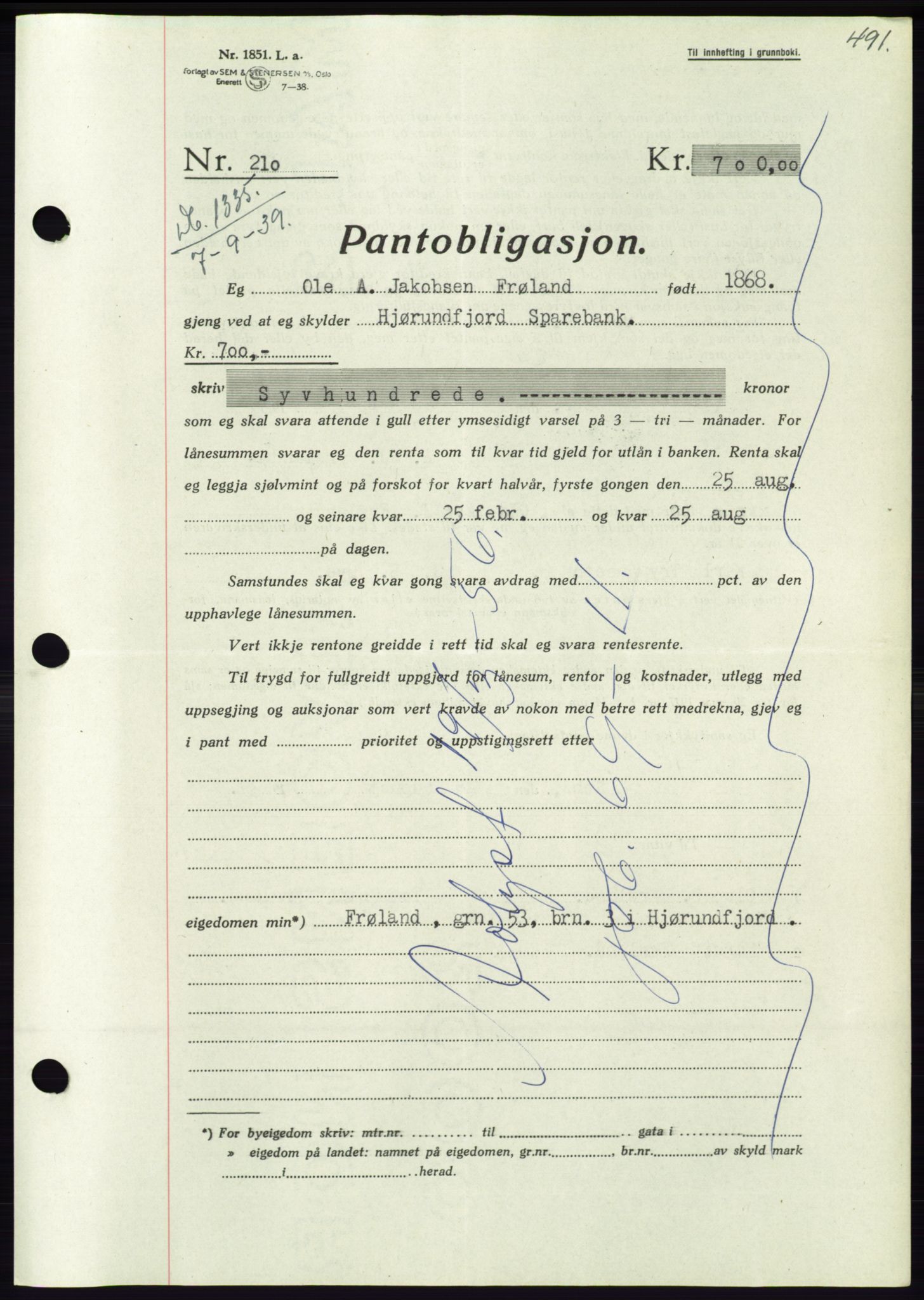 Søre Sunnmøre sorenskriveri, AV/SAT-A-4122/1/2/2C/L0068: Mortgage book no. 62, 1939-1939, Diary no: : 1335/1939