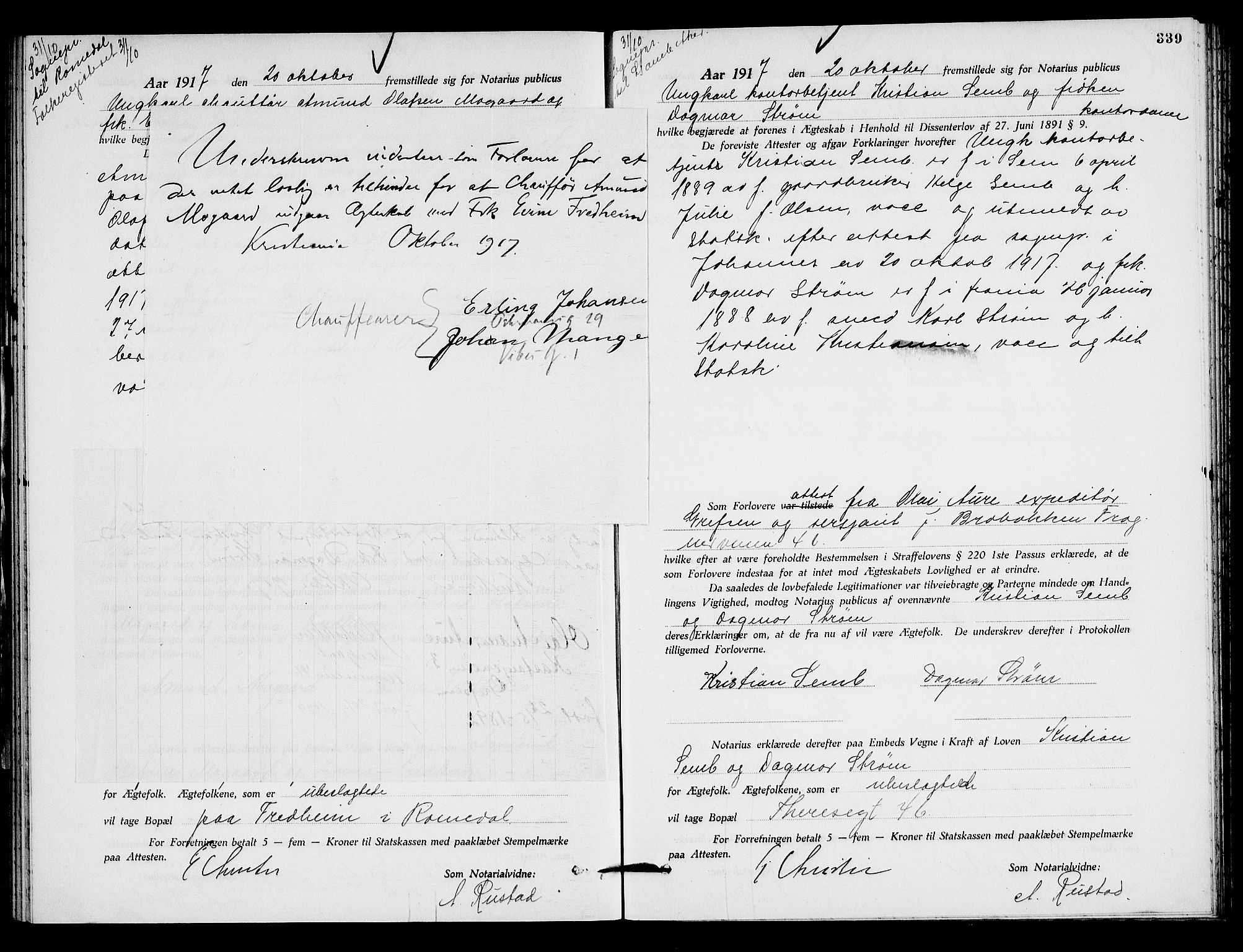 Oslo byfogd avd. I, AV/SAO-A-10220/L/Lb/Lbb/L0011: Notarialprotokoll, rekke II: Vigsler, 1916-1918, p. 338b-339a