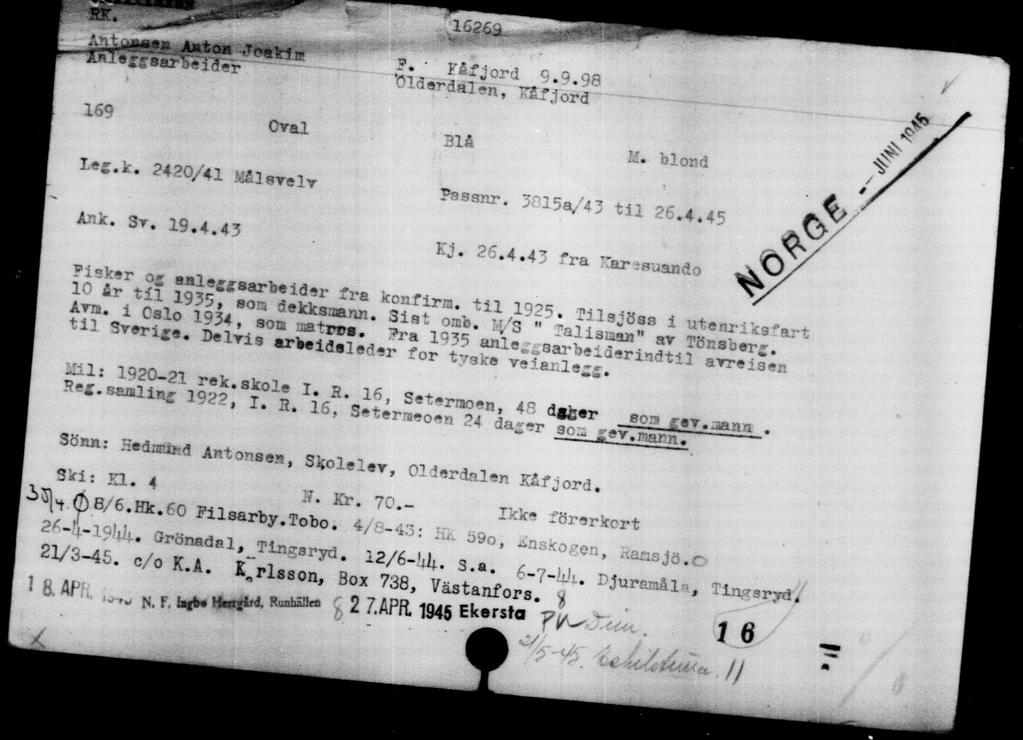 Utenriksstasjonene, Legasjonen i Stockholm, Flyktningkontoret, AV/RA-S-6753/V/Va/L0008: Kjesäterkartoteket, flyktninger med registreringsnr. 15700-18547, 1940-1945, p. 622
