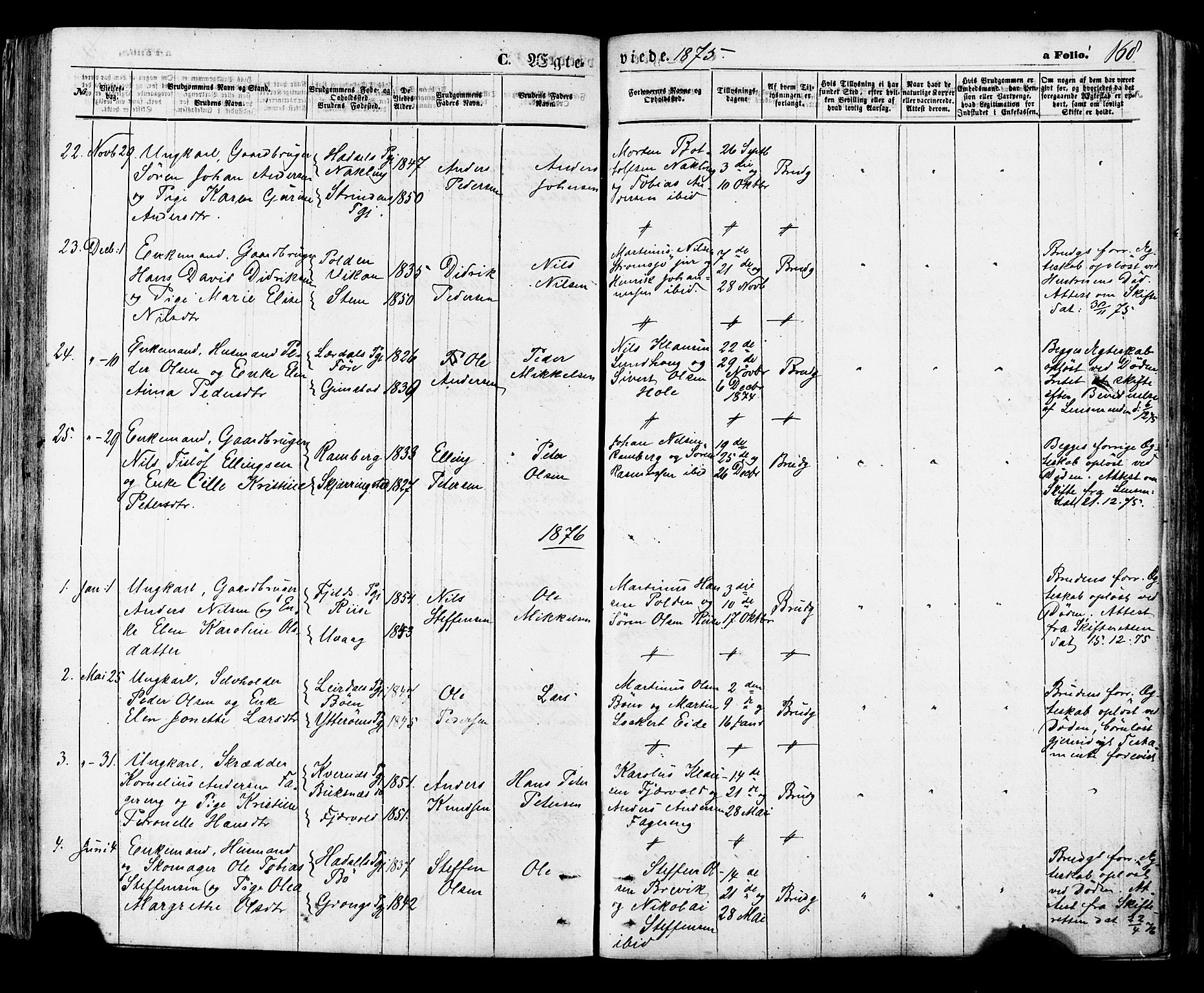 Ministerialprotokoller, klokkerbøker og fødselsregistre - Nordland, AV/SAT-A-1459/891/L1301: Parish register (official) no. 891A06, 1870-1878, p. 168