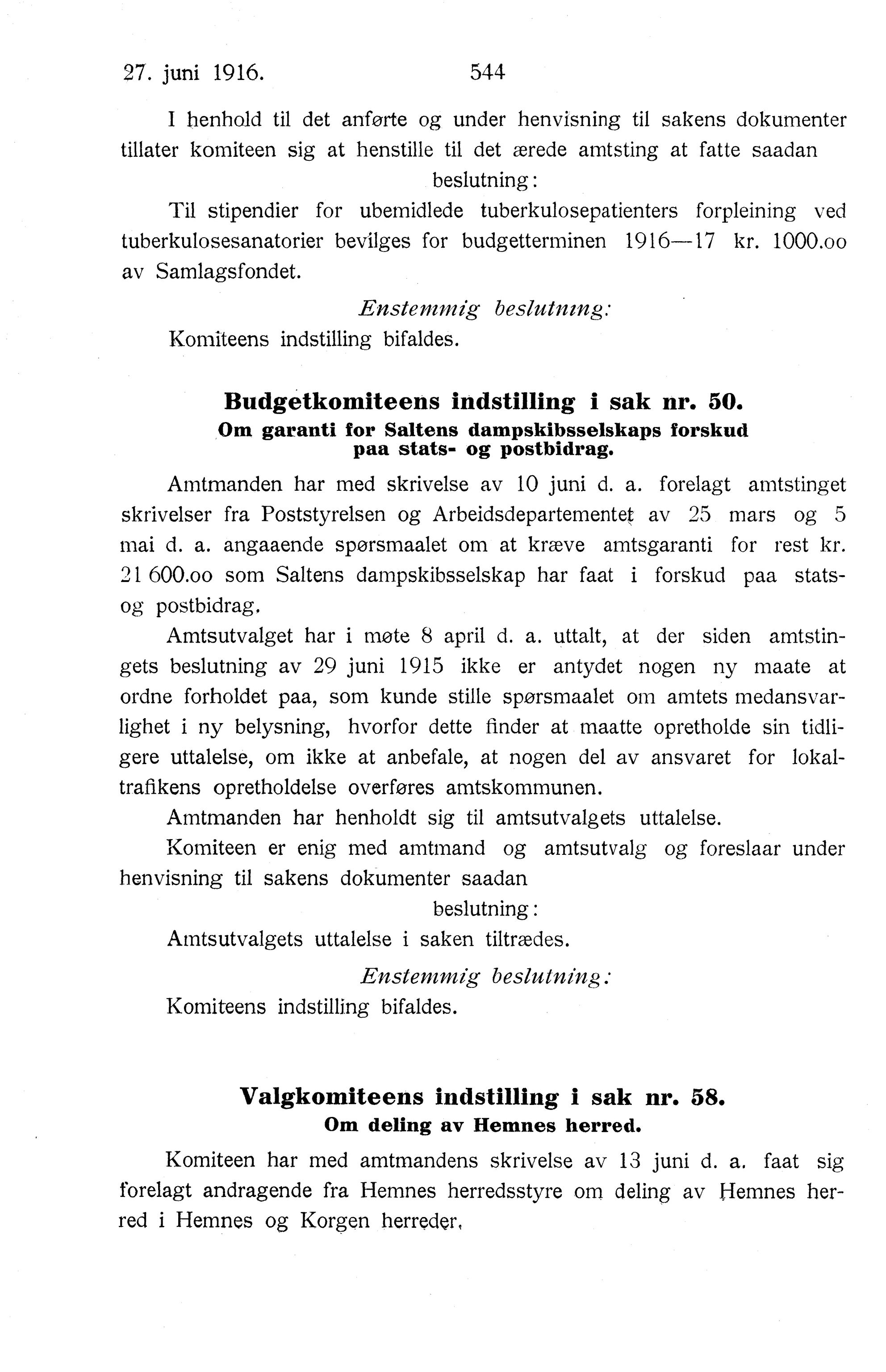 Nordland Fylkeskommune. Fylkestinget, AIN/NFK-17/176/A/Ac/L0039: Fylkestingsforhandlinger 1916, 1916