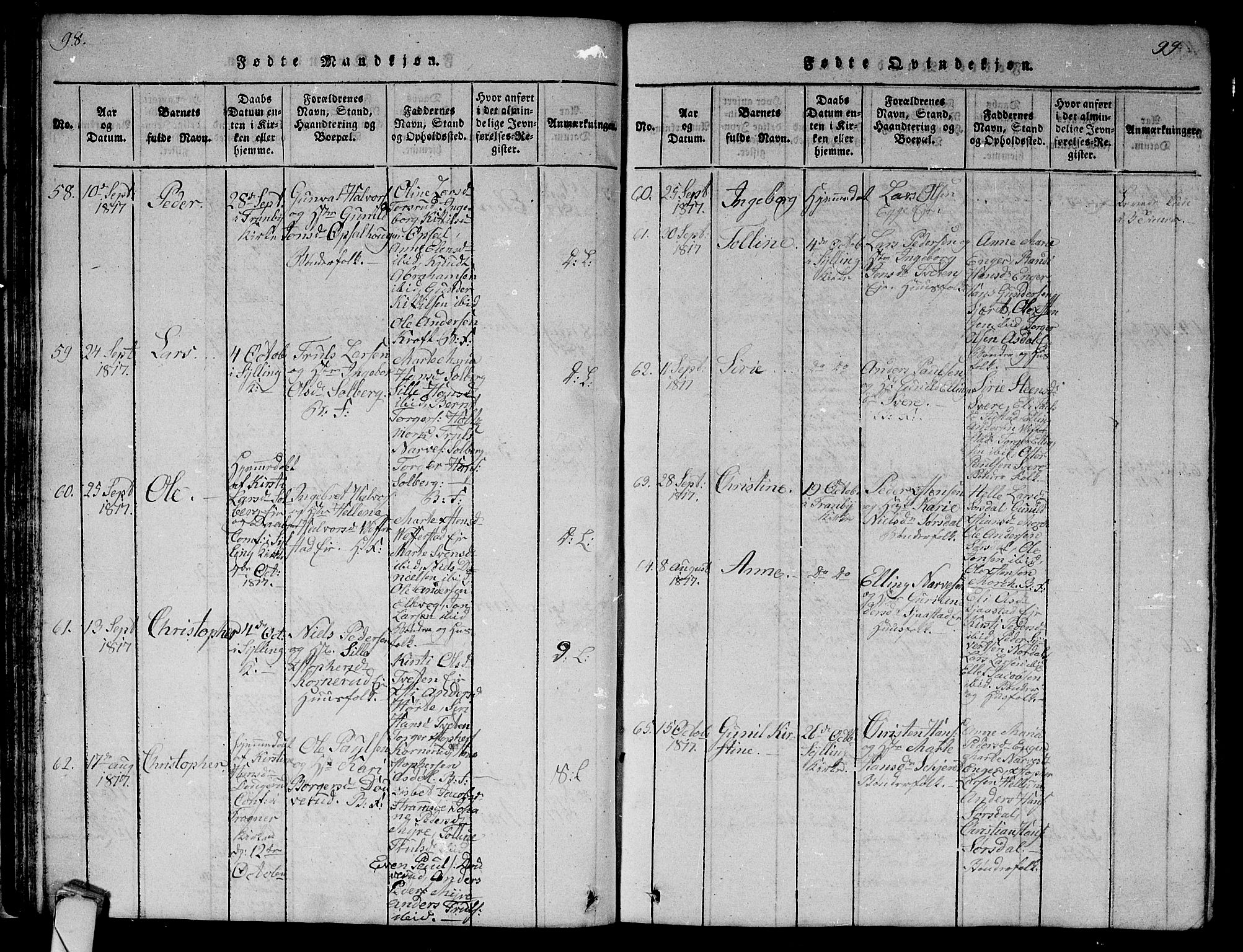 Lier kirkebøker, AV/SAKO-A-230/G/Ga/L0001: Parish register (copy) no. I 1, 1813-1824, p. 98-99