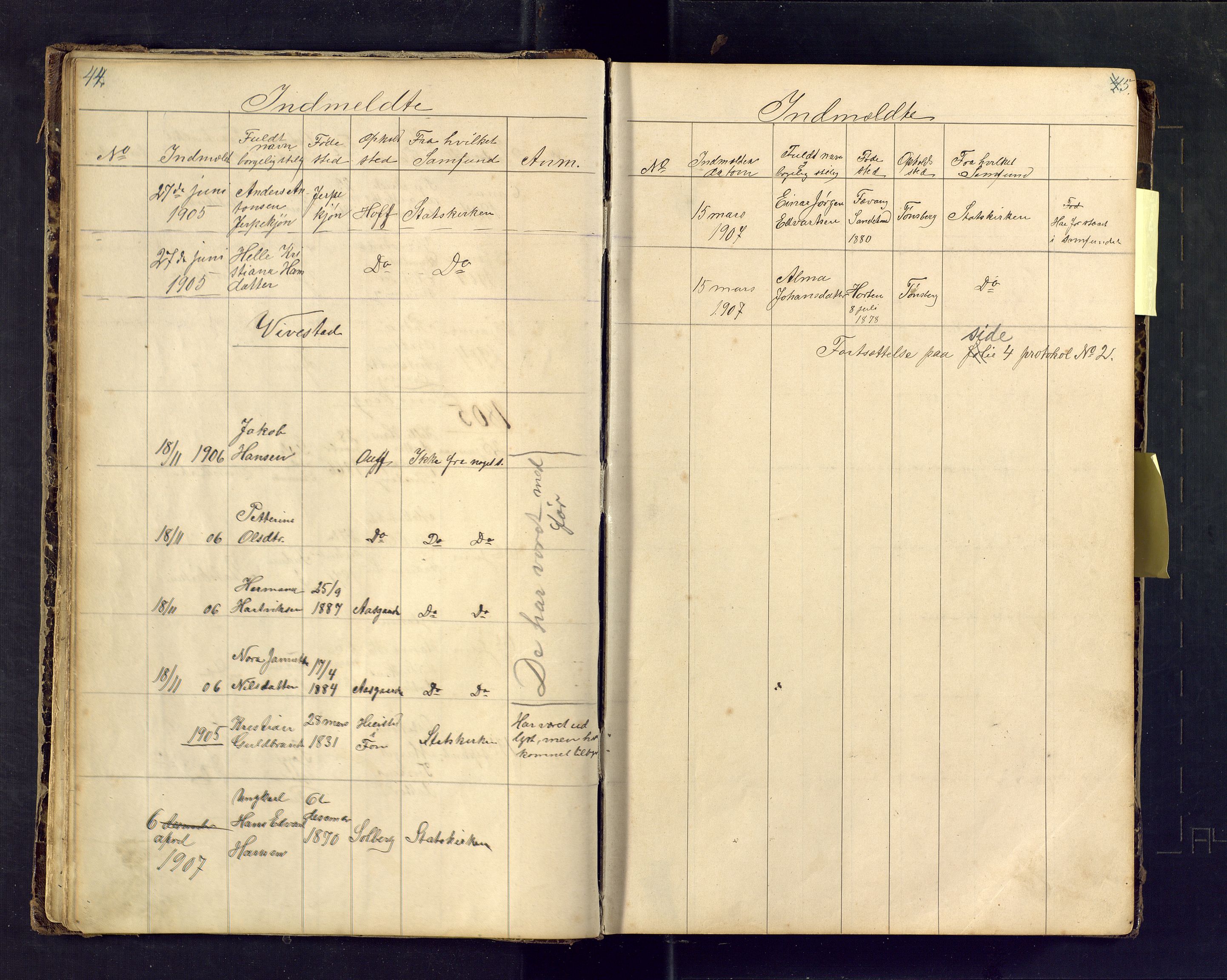 Den evangelisk lutherske frimenighet i Jarlsbergs grevskap med flere steder, SAKO/P-1384/F/Fa/L0001: Dissenter register no. Fa/L0001, 1872-1925, p. 44-45