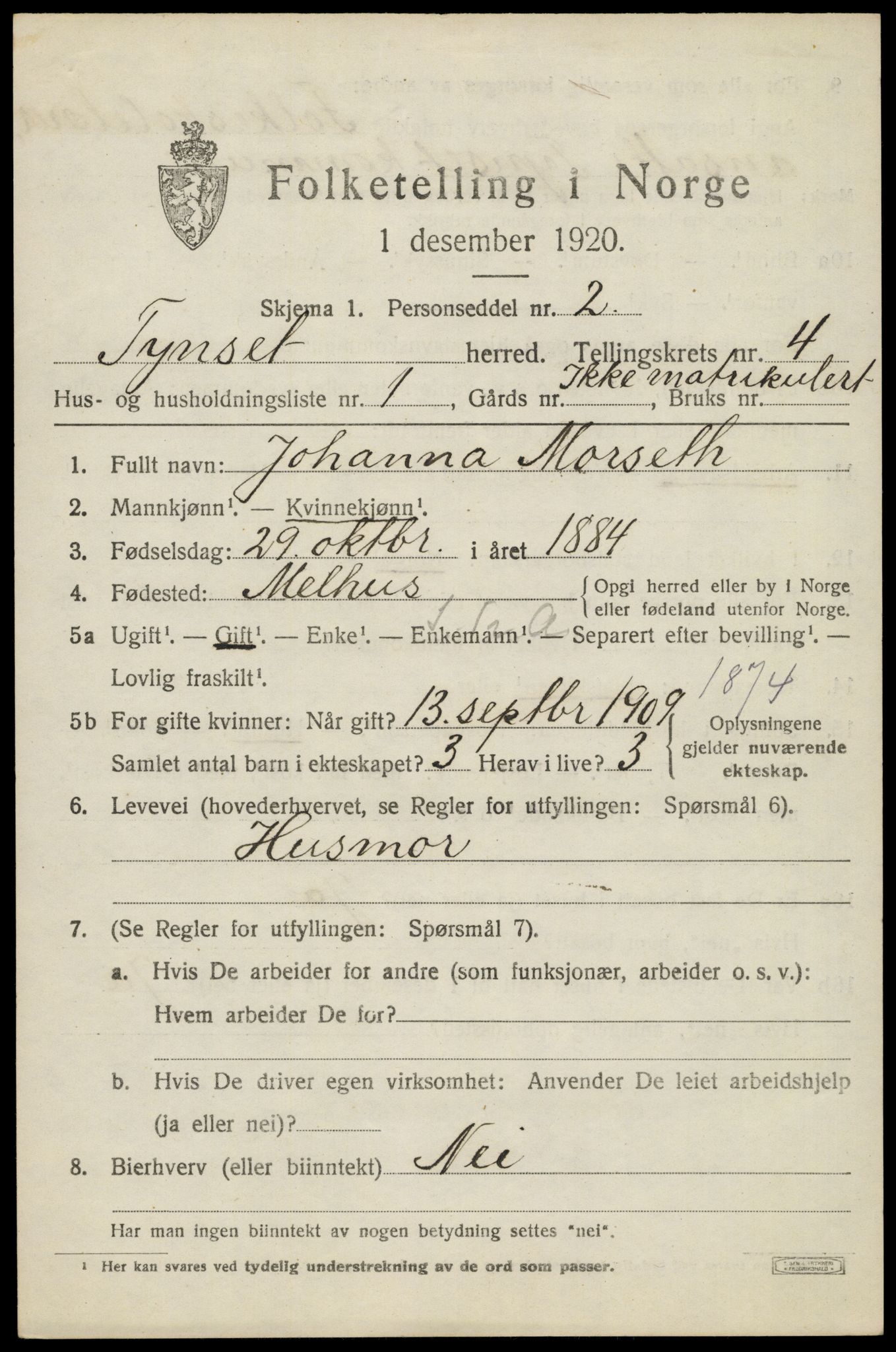 SAH, 1920 census for Tynset, 1920, p. 3178