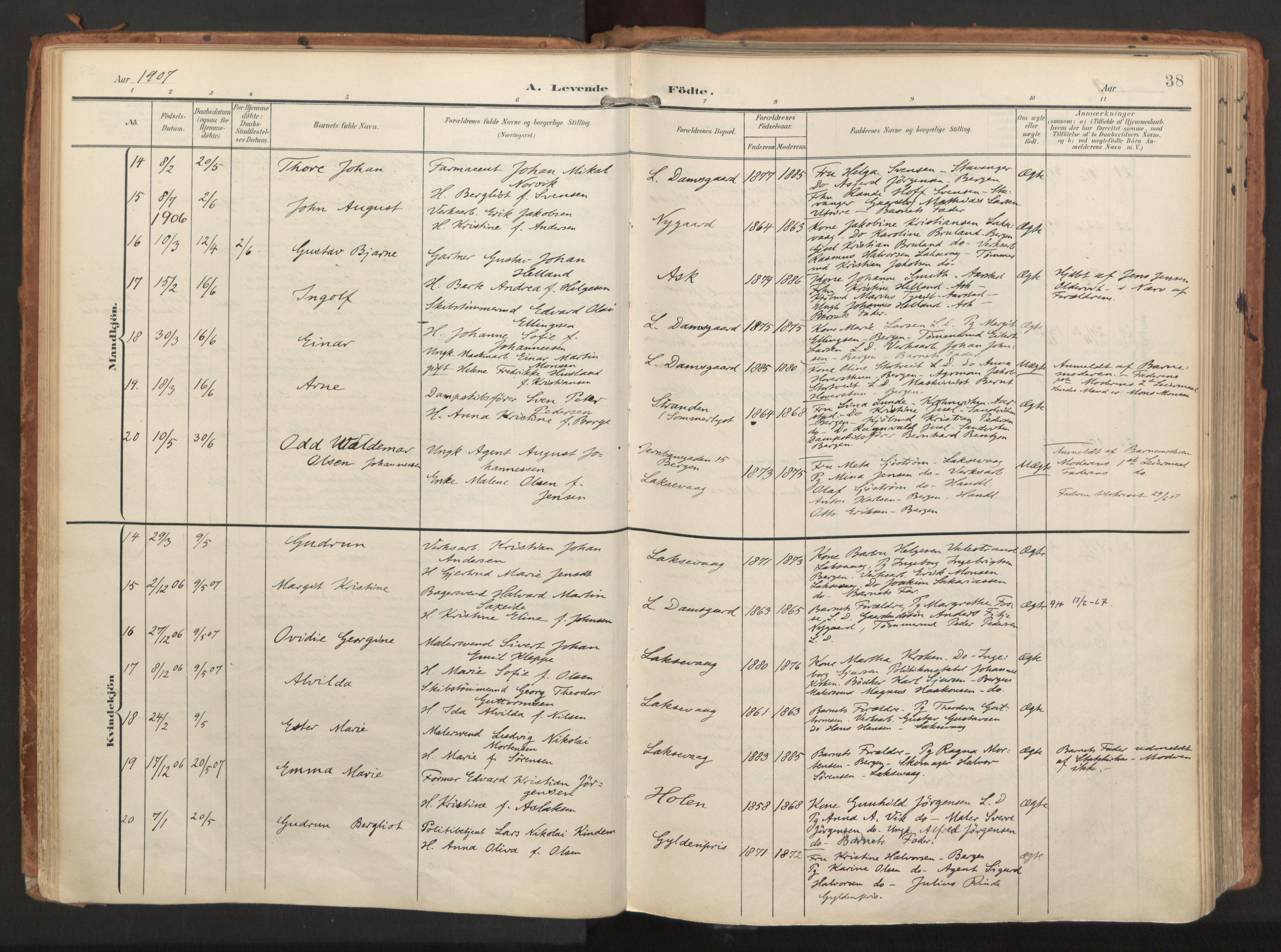 Laksevåg Sokneprestembete, AV/SAB-A-76501/H/Ha/Haa/Haaa/L0001: Parish register (official) no. A 1, 1903-1917, p. 38