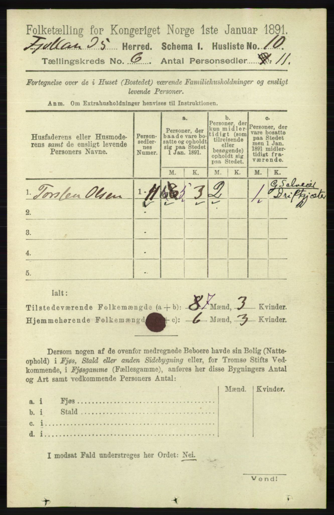 RA, 1891 census for 1036 Fjotland, 1891, p. 846