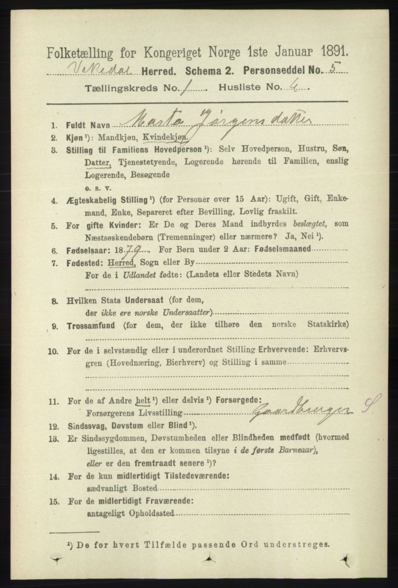 RA, 1891 census for 1157 Vikedal, 1891, p. 94