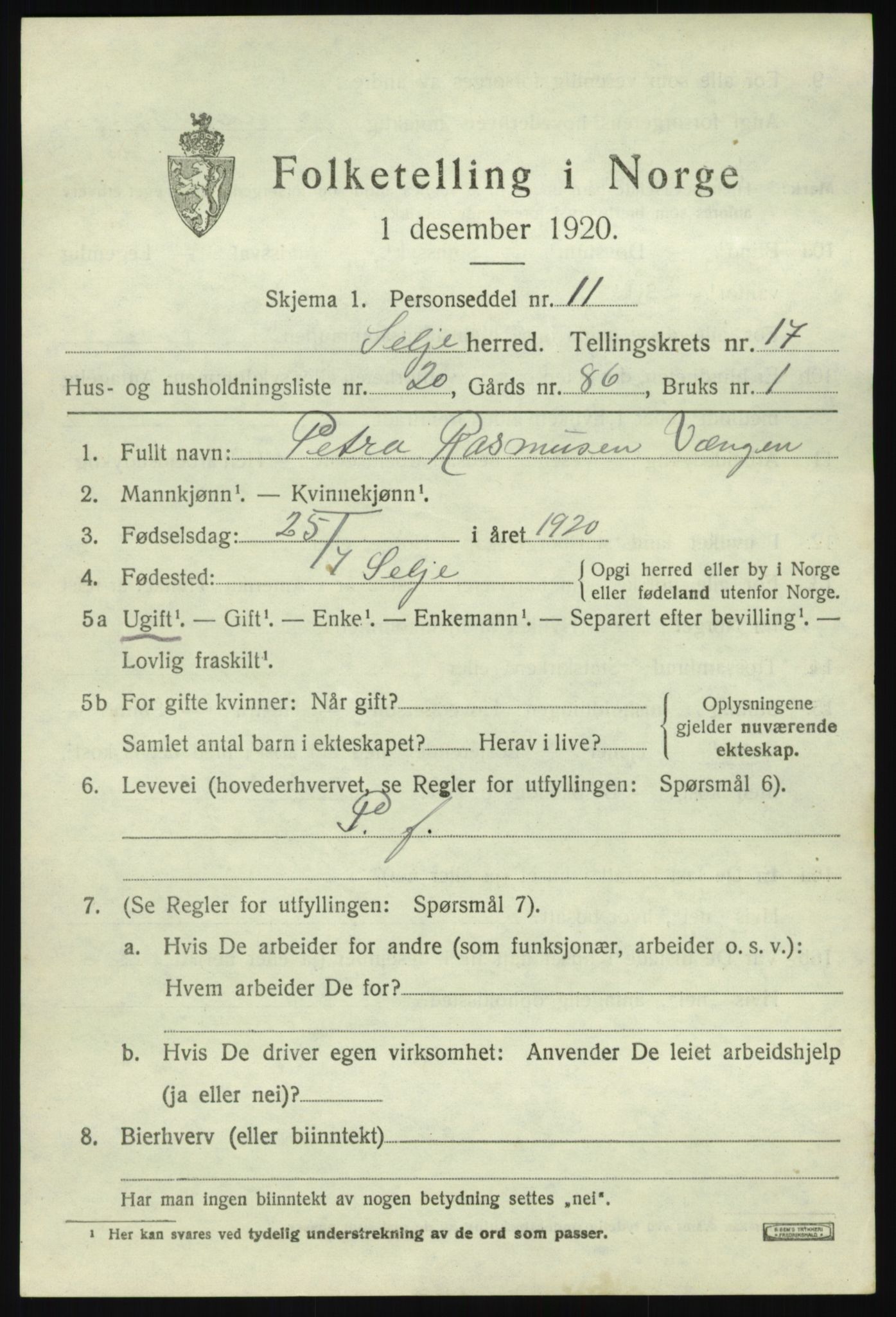 SAB, 1920 census for Selje, 1920, p. 7835