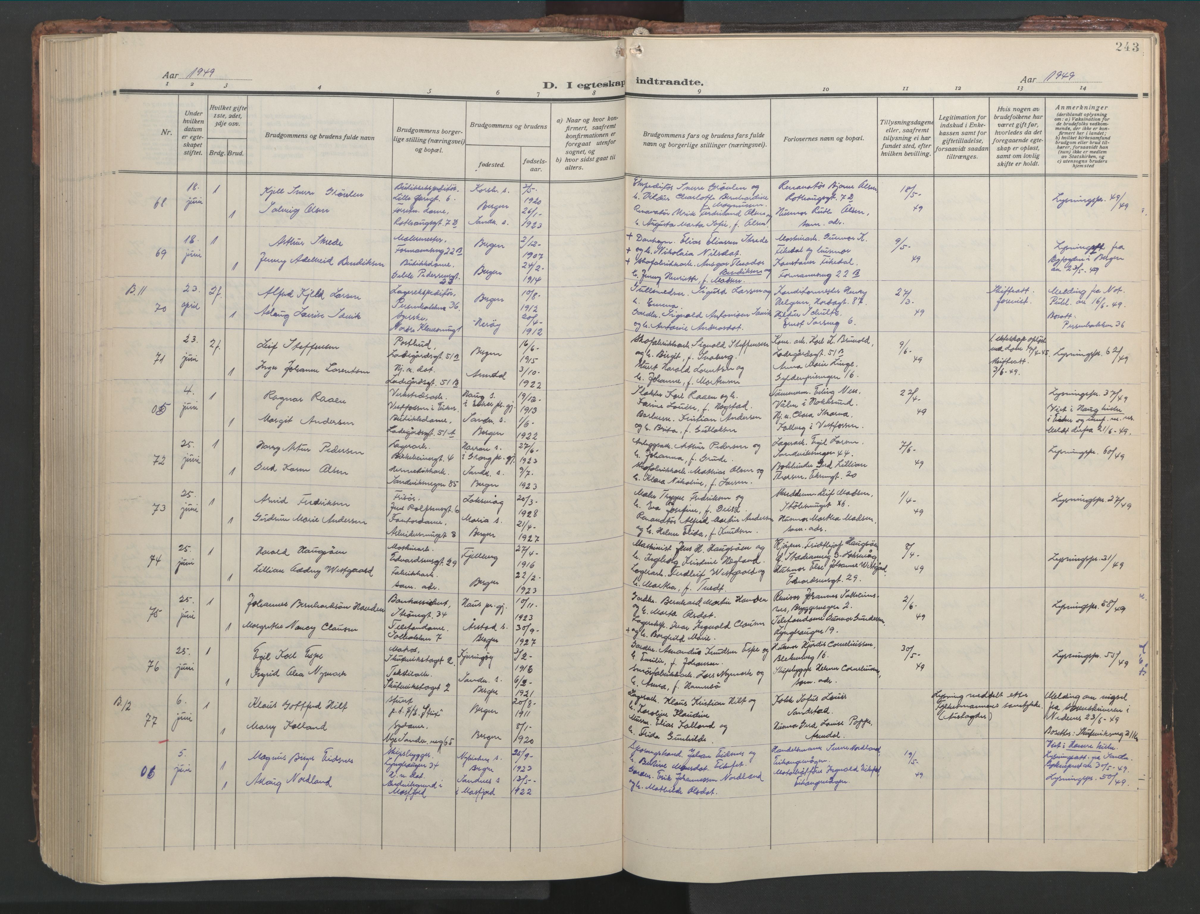 Sandviken Sokneprestembete, AV/SAB-A-77601/H/Hb/L0015: Parish register (copy) no. D 2, 1929-1953, p. 242b-243a