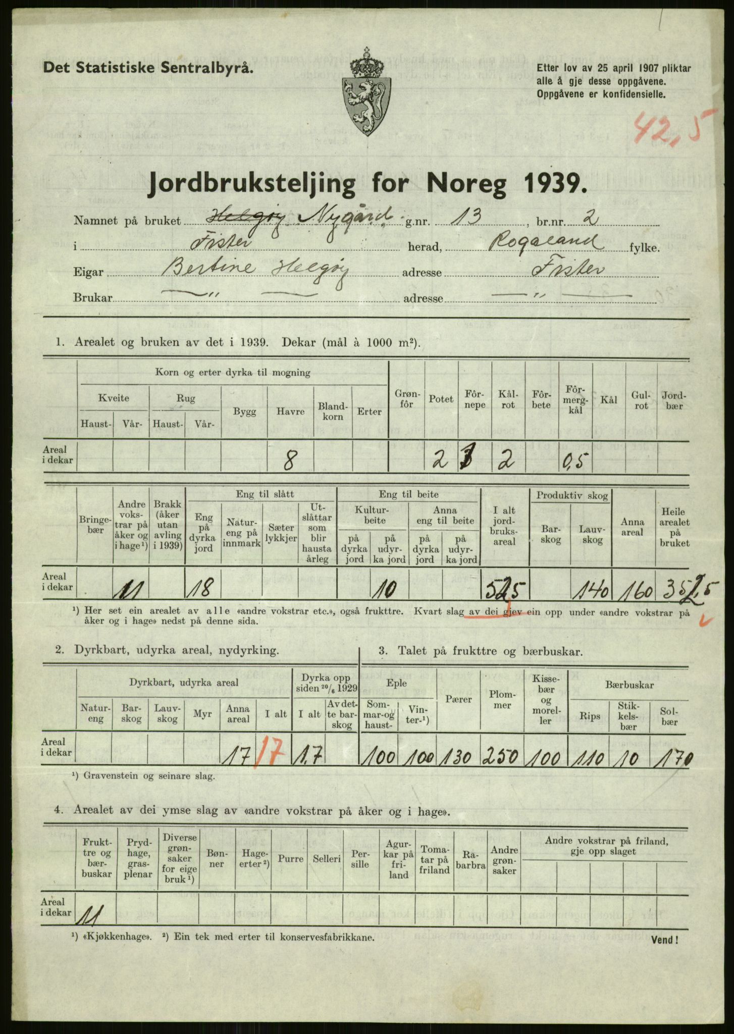 Statistisk sentralbyrå, Næringsøkonomiske emner, Jordbruk, skogbruk, jakt, fiske og fangst, AV/RA-S-2234/G/Gb/L0184: Rogaland: Årdal, Fister og Hjelmeland, 1939, p. 345