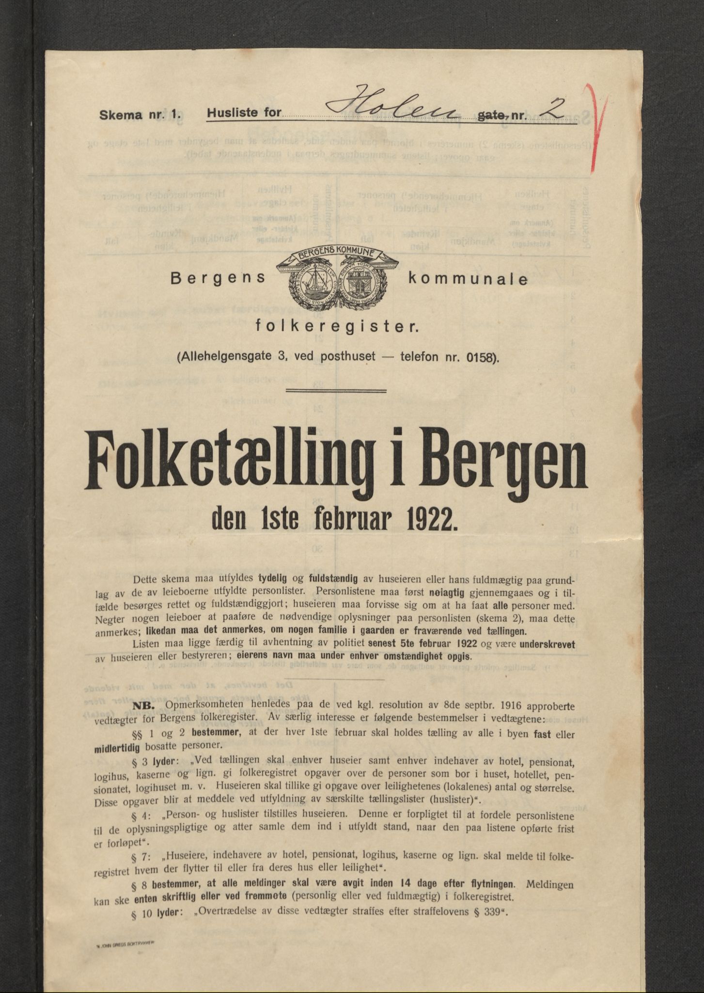 SAB, Municipal Census 1922 for Bergen, 1922, p. 15421